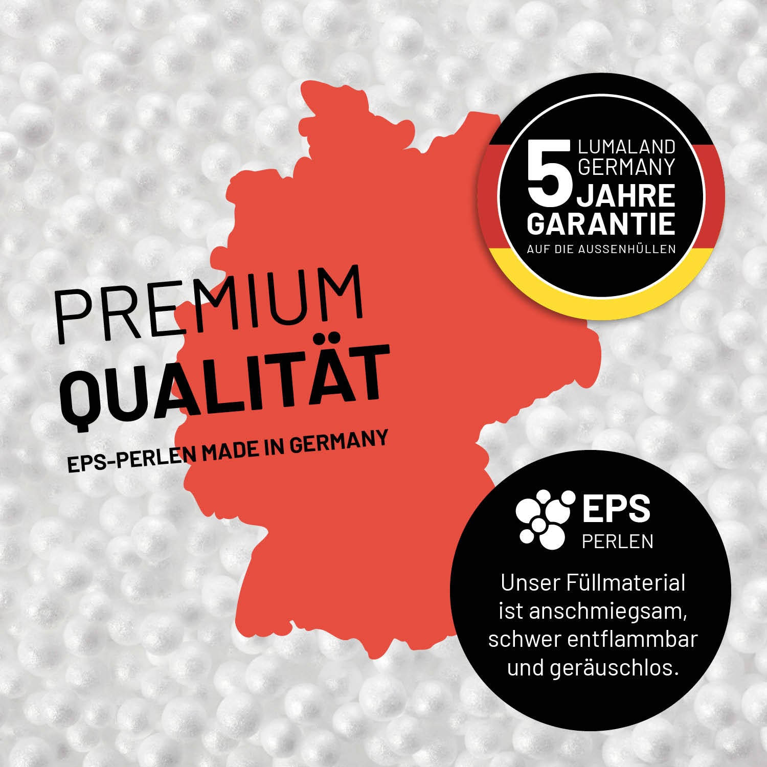 Umrisse der Deutschland-Karte mit Hinweis auf die EPS-Perlen und LUMALAND Germany 5 Jahre Garantie auf die Aussenhülle.