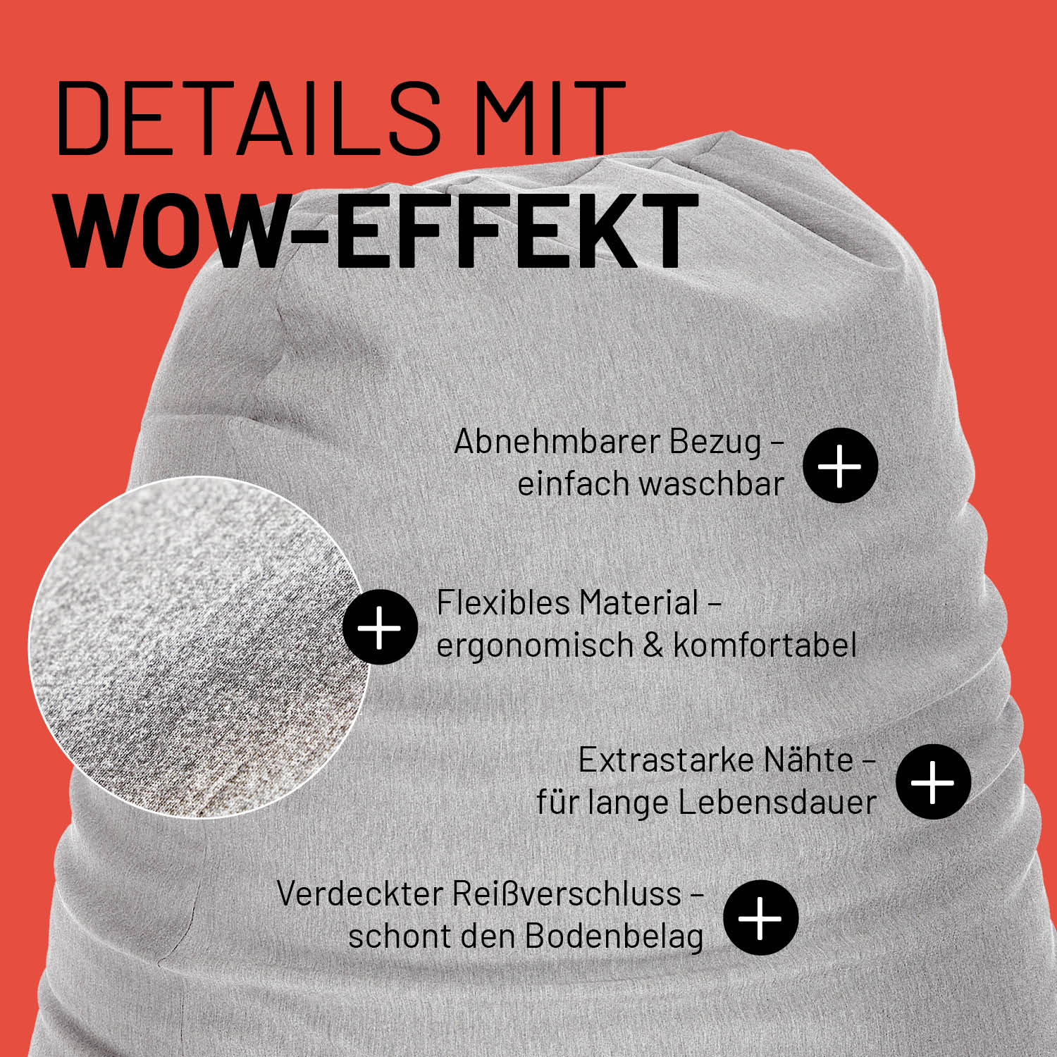 Hellgrauer Sitzsack im Detail mit Informationen zu "Waschbarer Bezug", "Verdeckter Reißverschluss" und "Extrastarke Nähte".
