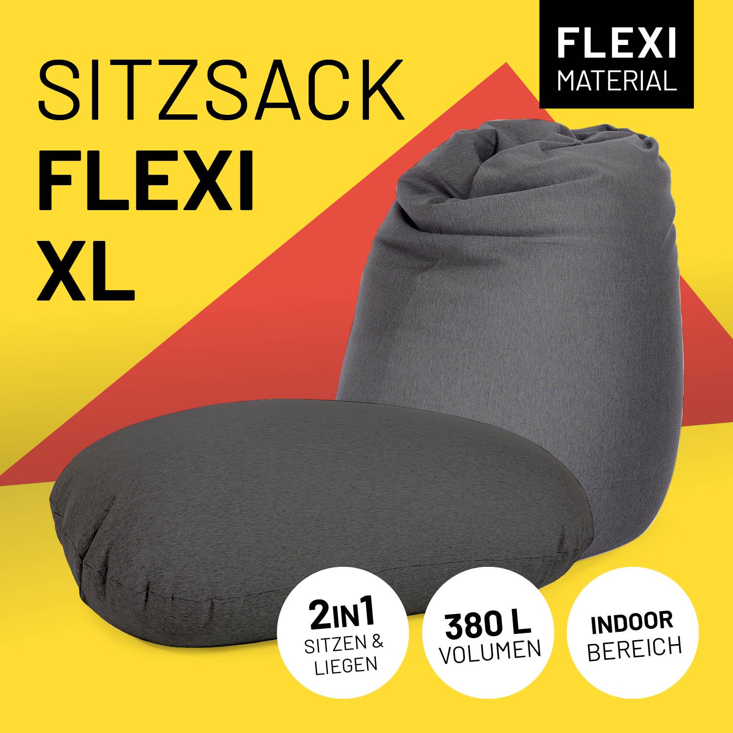 Flexi Sitzsack XL in Dunkelgrau mit Icon "Flexi Material", "2 in 1 - Sitzen & Liegen", "380 L Volumen" und "Indoor Bereich".