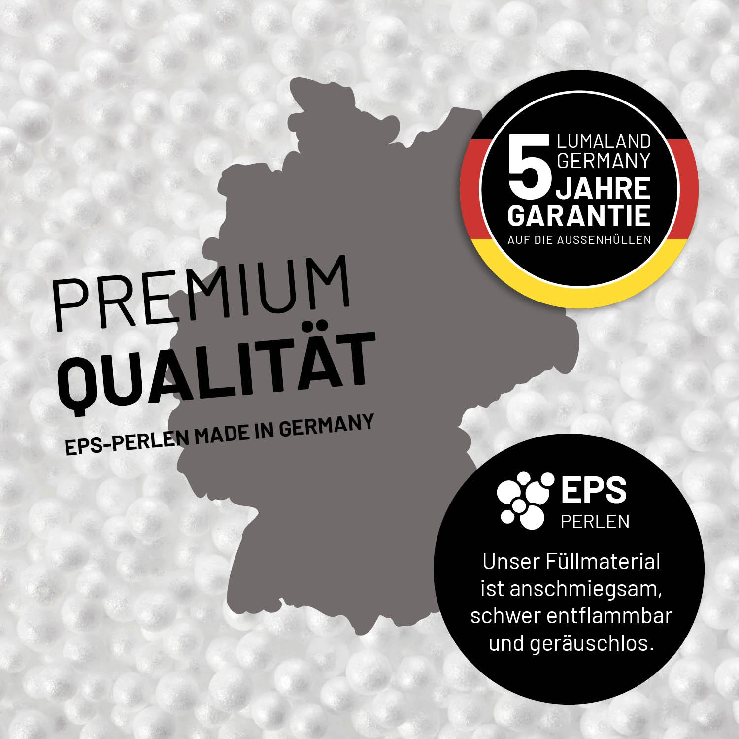Umrisse der Deutschland-Karte mit Hinweis auf die EPS-Perlen und LUMALAND Germany 5 Jahre Garantie auf die Aussenhülle.