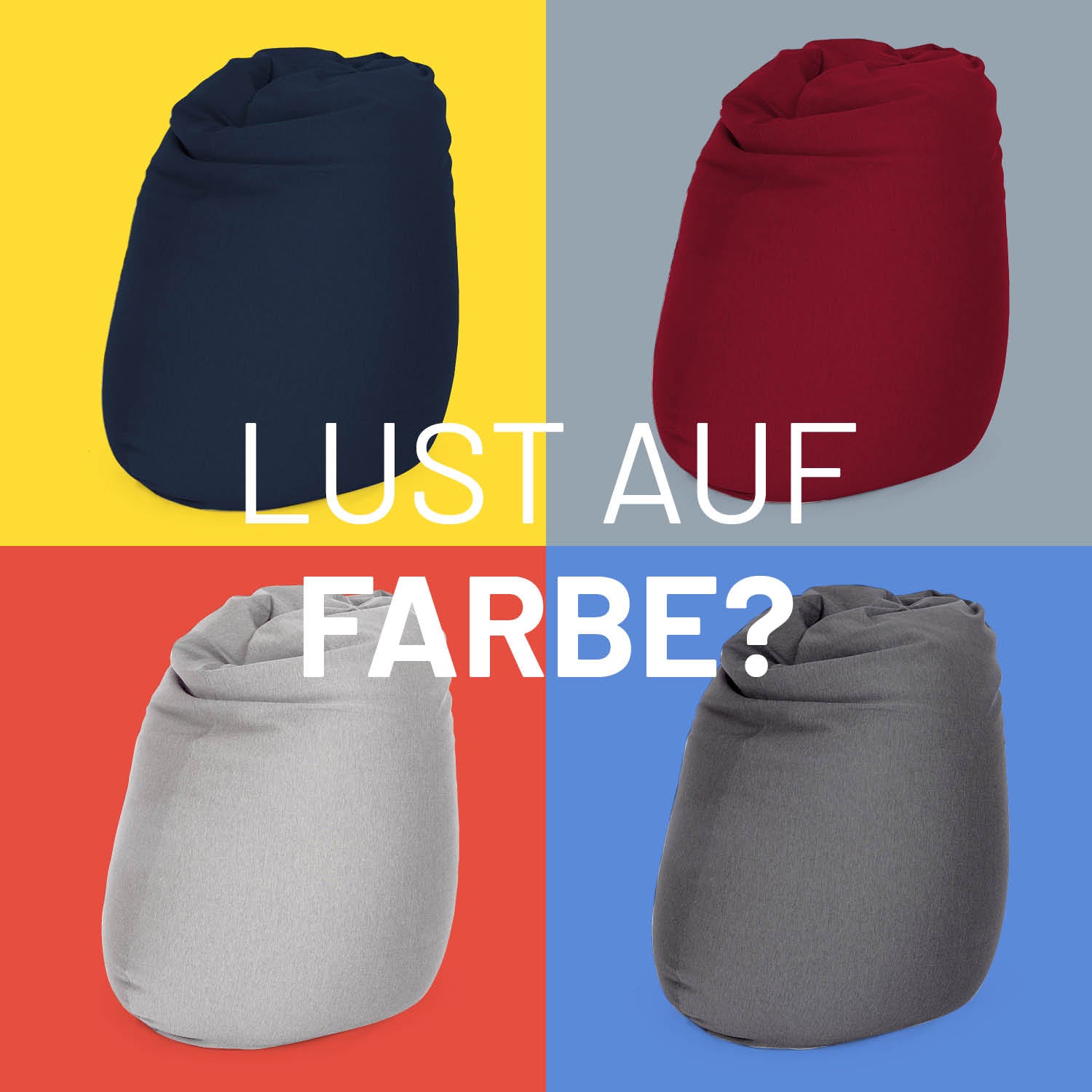 Vier verschiedene Farben des LUMALAND Flexi Comfort Sitzsacks vor Kontrastfarben in Kacheln - Lust auf Farbe?