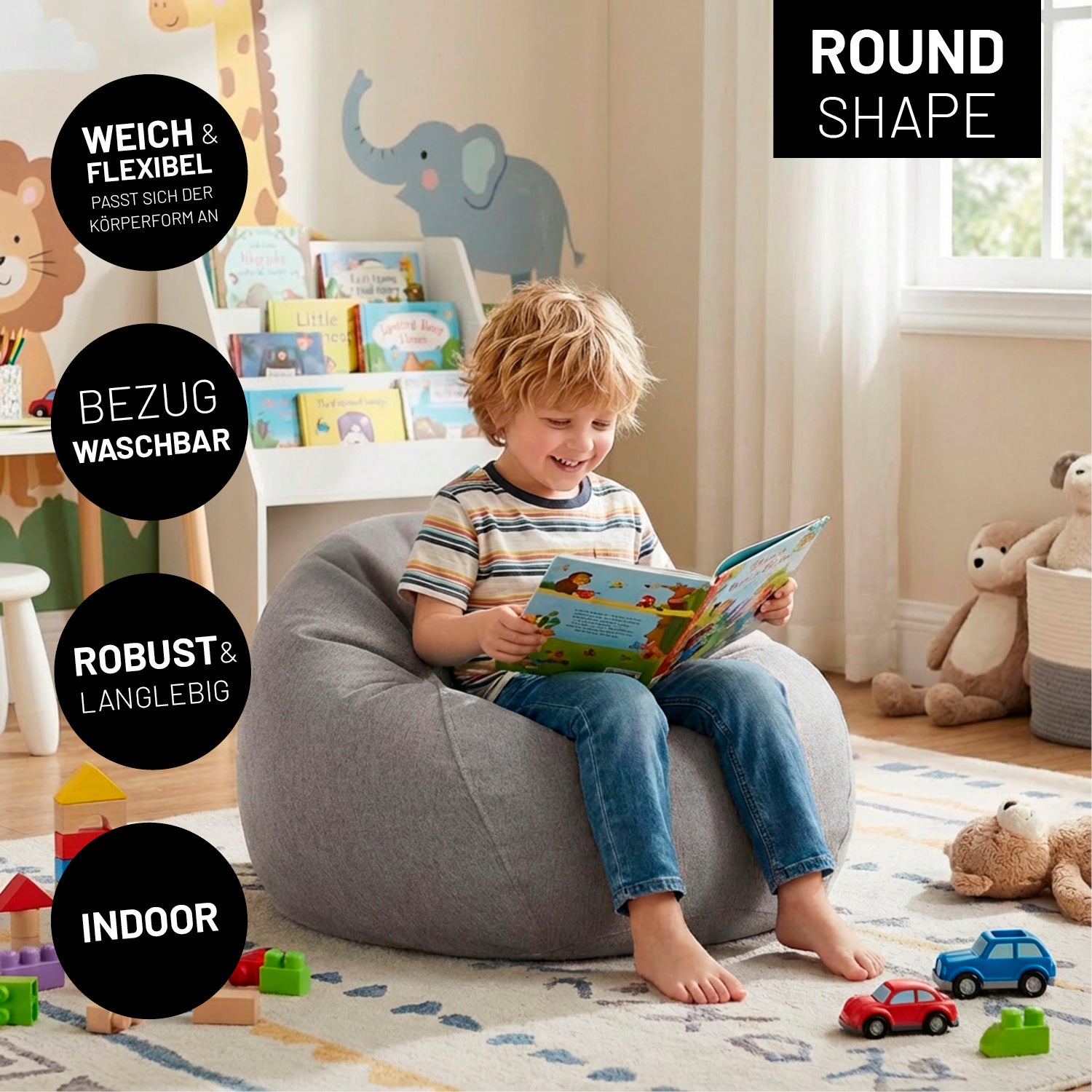 Ein Kind liest auf rundem Comfort Line Sitzsack im Kinderzimmer, umgeben von Spielzeug und Büchern. Icons zu "weich & flexibel", "Bezug waschbar", "Robust & Langlebig" und "Indoor".