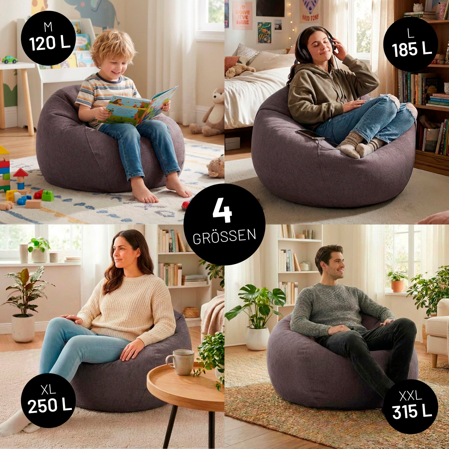 Collage: Sitzsack in 4 Größen (120, 185, 250, 315 L) – Kind liest, Teenie hört Musik, Frau und Mann entspannen im Wohnzimmer.