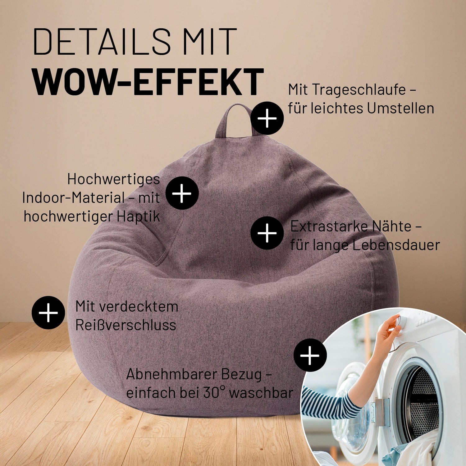 Comfort Line Sitzsack im Detail mit Infos zu "Mit Trageschlaufe", "Hochwertiges Indoor-Material", "Extrastarke Nähte", "Verdeckter Reißverschluss" und "Abnehmbarer & Waschbarer Bezug".