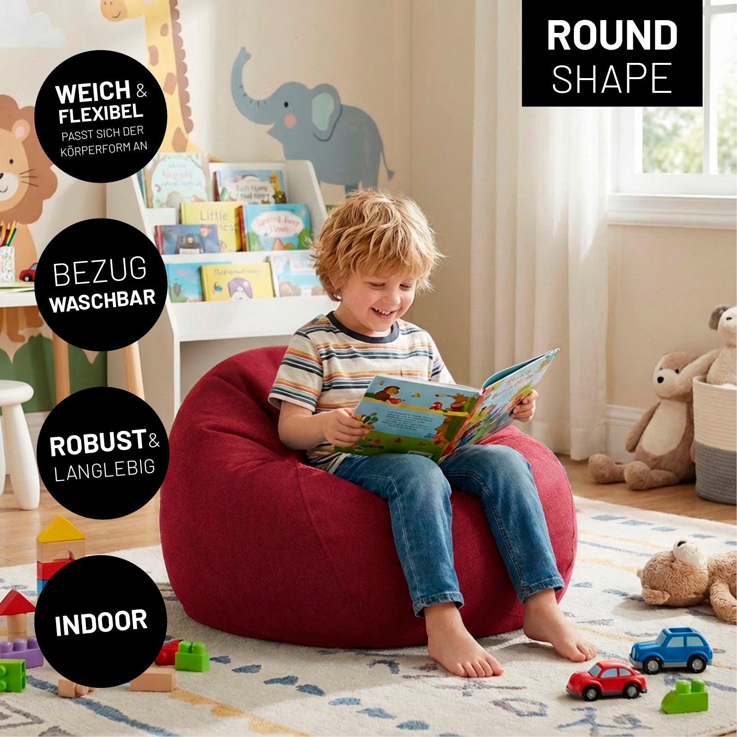Ein Kind liest auf rundem Comfort Line Sitzsack im Kinderzimmer, umgeben von Spielzeug und Büchern. Icons zu "weich & flexibel", "Bezug waschbar", "Robust & Langlebig" und "Indoor".