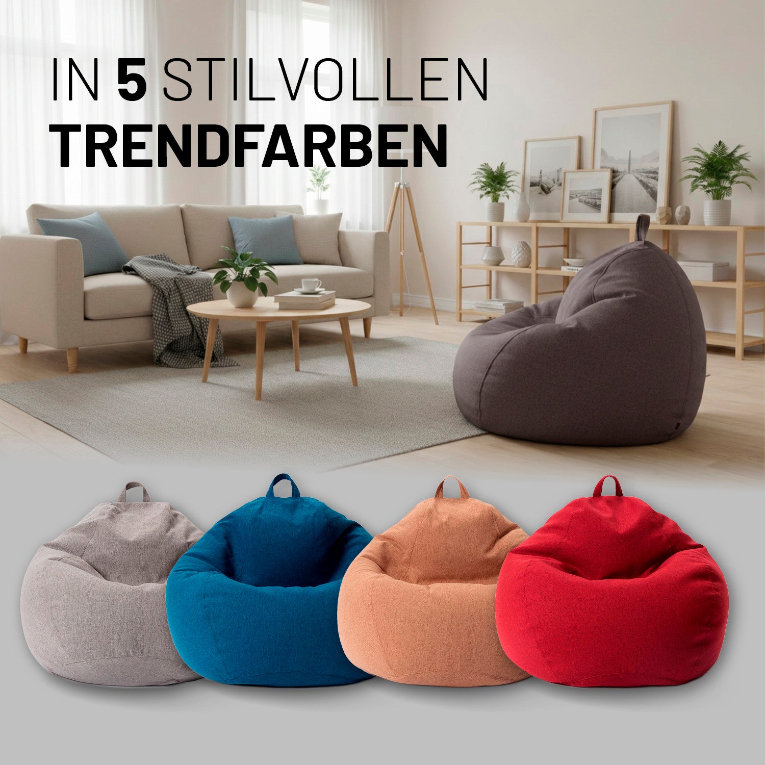 Dunkelgrauer Comfort Line Sitzsack im Wohnzimmer, darunter vier weitere Modelle in den Trendfarben Hellgrau, Navyblau, Braun und Rot. Hinweis: erhältlich in 5 stilvollen Farben.