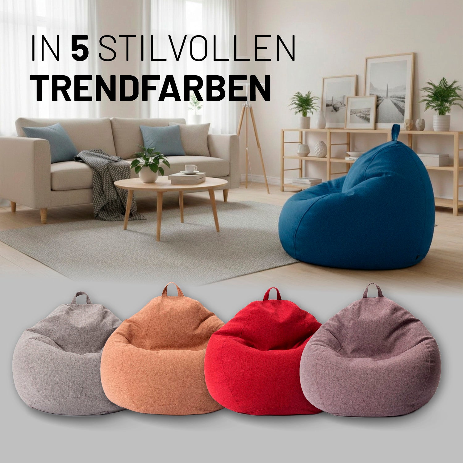 Navyblauen Comfort Line Sitzsack im Wohnzimmer, darunter vier weitere Modelle in den Trendfarben Hellgrau, Braun, Rot und Dunkelgrau. Hinweis: erhältlich in 5 stilvollen Farben.
