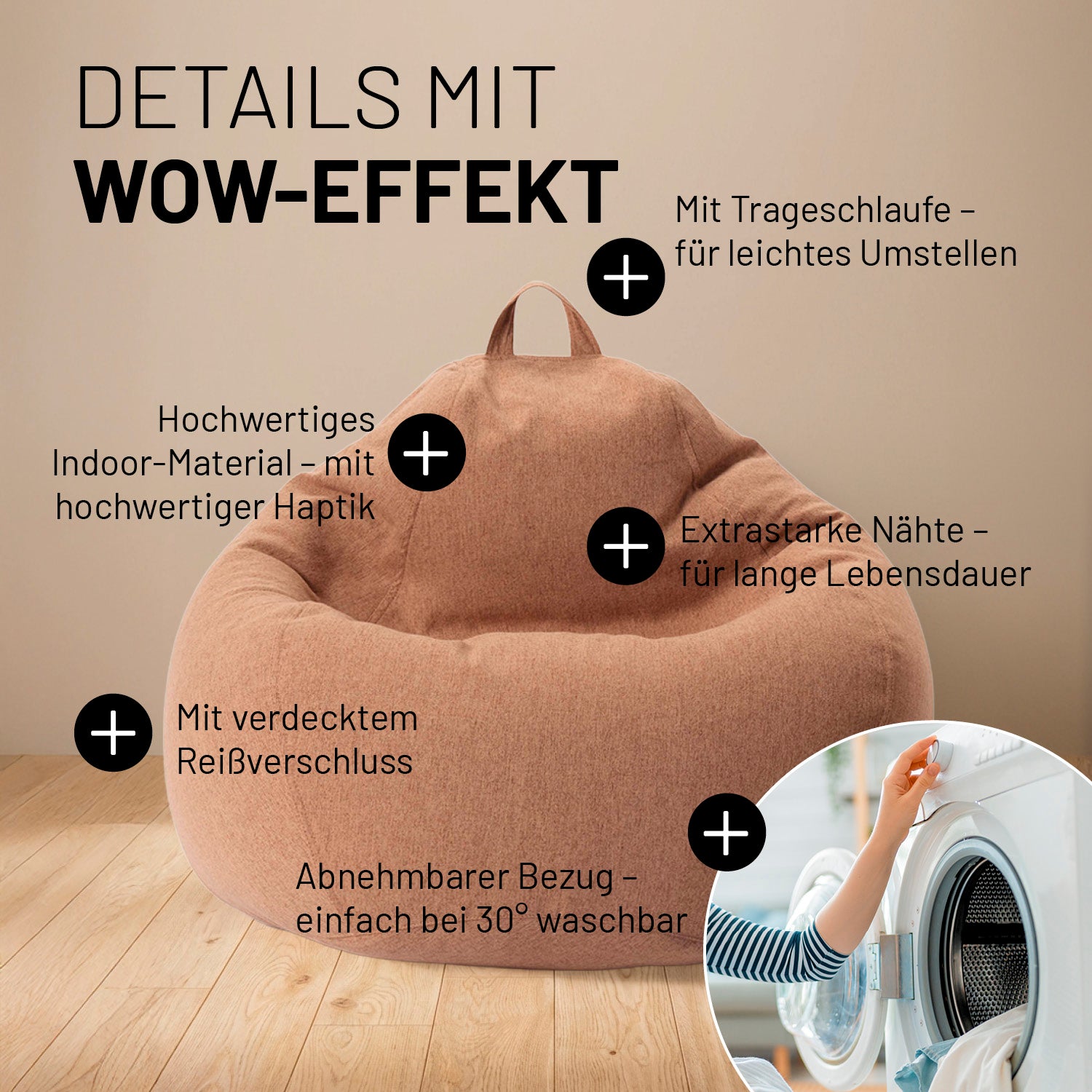 Comfort Line Sitzsack im Detail mit Infos zu "Mit Trageschlaufe", "Hochwertiges Indoor-Material", "Extrastarke Nähte", "Verdeckter Reißverschluss" und "Abnehmbarer & Waschbarer Bezug".