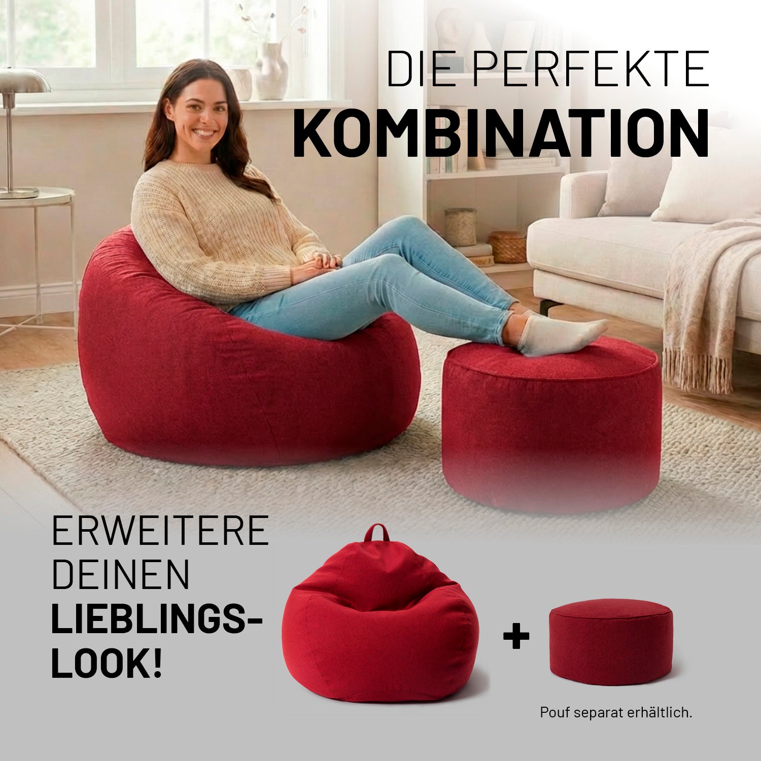 Eine Frau entspannt auf dem rotem Comfort Line Sitzsack mit passendem Pouf im Wohnzimmer. Text „Die perfekte Kombination“ und Hinweis: Pouf separat erhältlich.