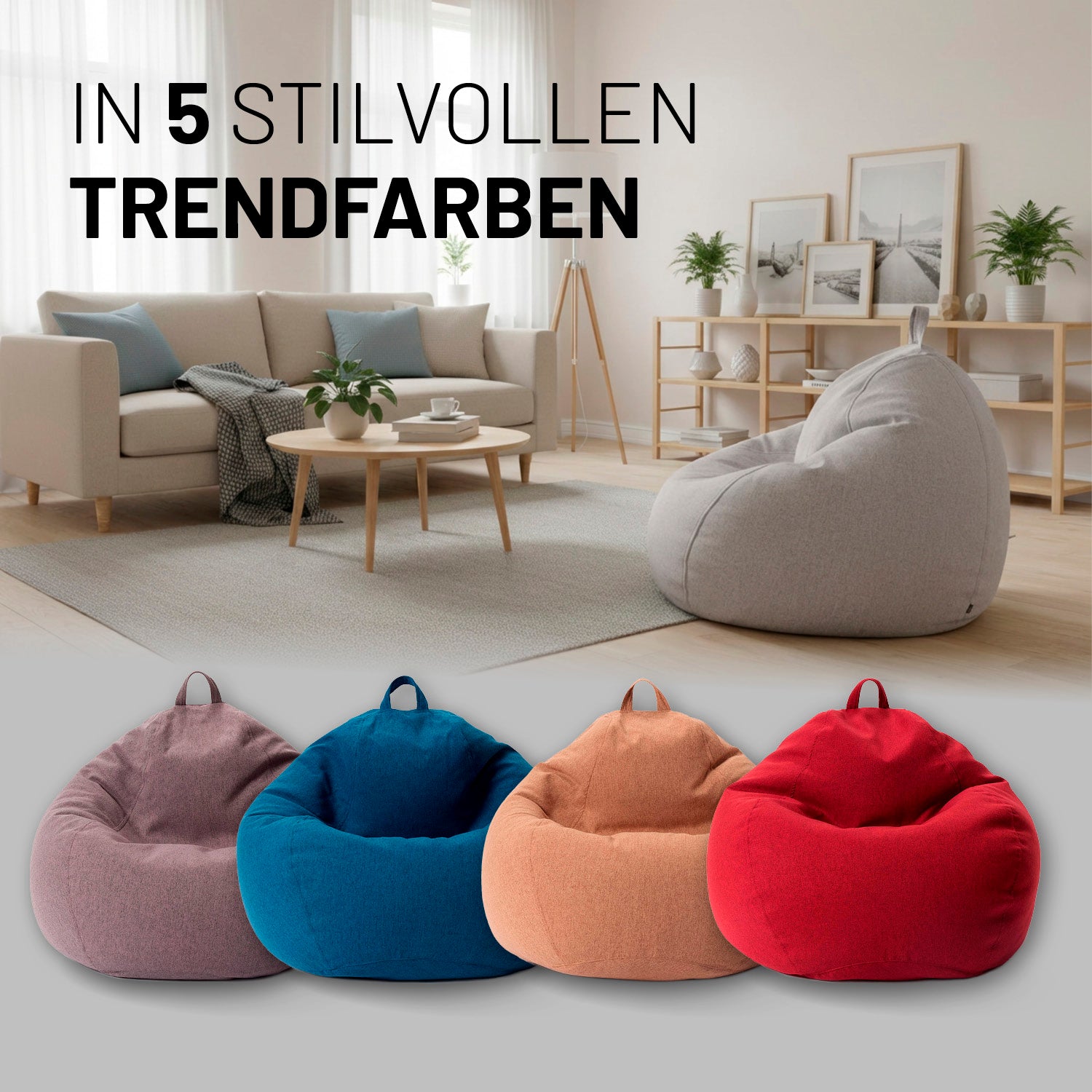 Hellgrauer Comfort Line Sitzsack im Wohnzimmer, darunter vier weitere Modelle in den Trendfarben Dunkelgrau, Navyblau, Braun und Rot. Hinweis: erhältlich in 5 stilvollen Farben.