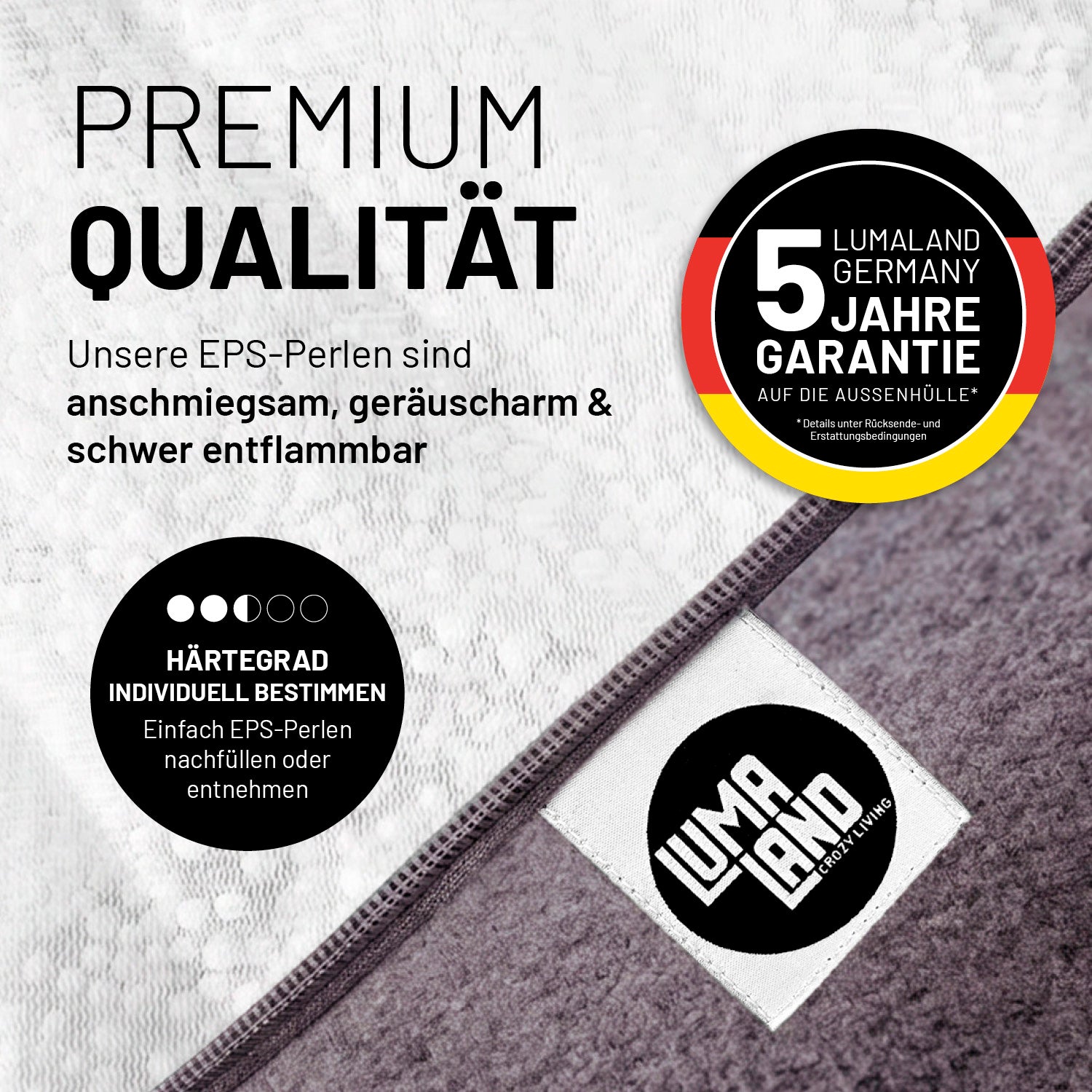 Hinweise zu den EPS Perlen mit Info zu 5 Jahren Garantie für die Aussenhülle und Härtegrad individuell bestimmbar.