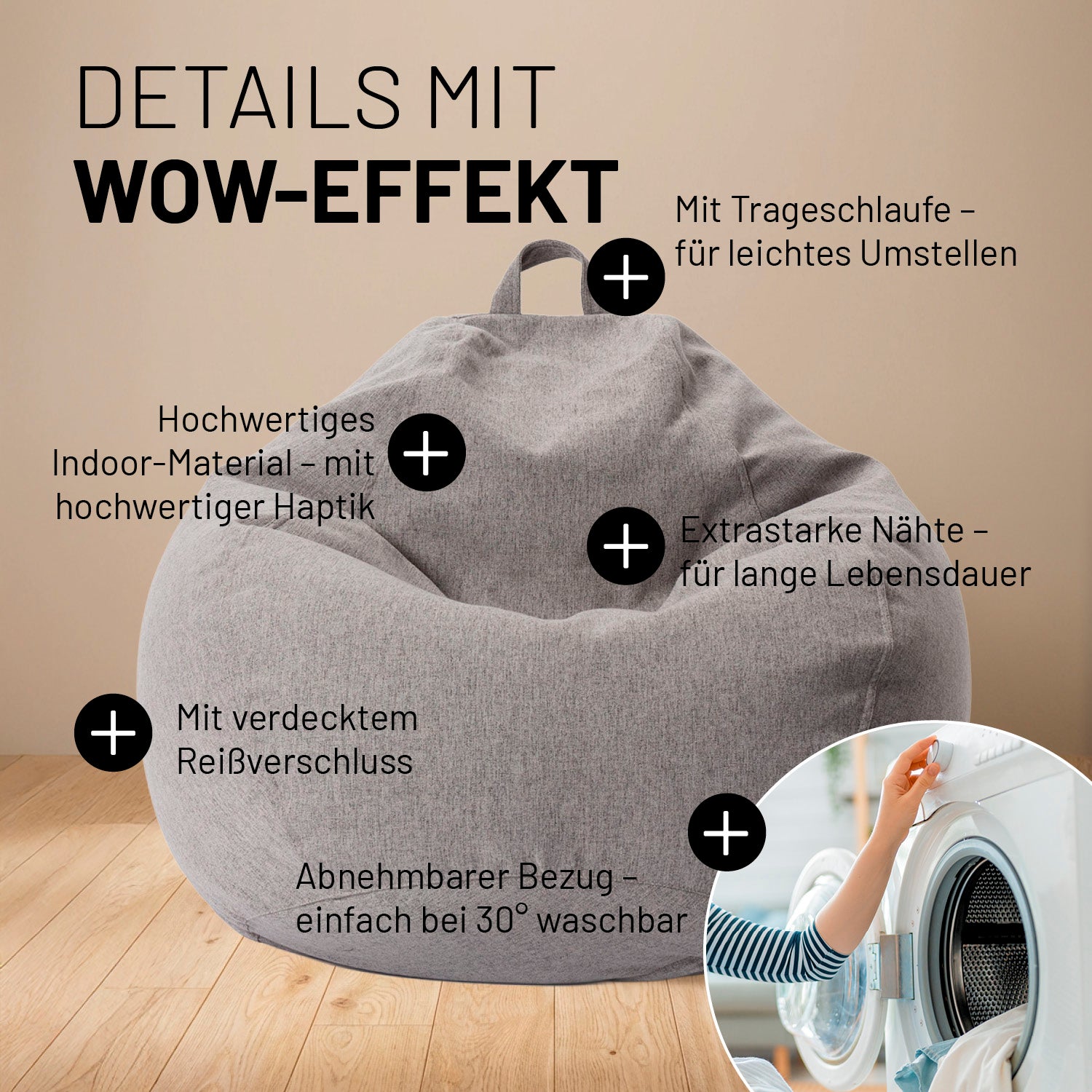 Comfort Line Sitzsack im Detail mit Infos zu "Mit Trageschlaufe", "Hochwertiges Indoor-Material", "Extrastarke Nähte", "Verdeckter Reißverschluss" und "Abnehmbarer & Waschbarer Bezug".