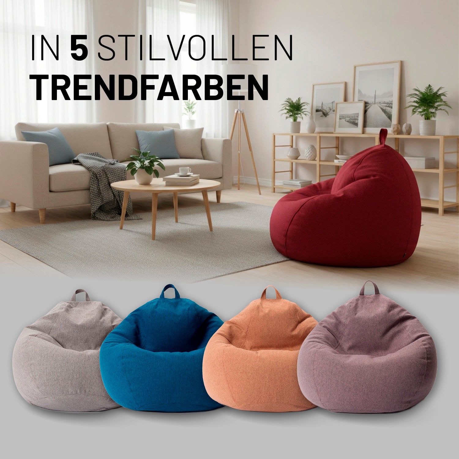 Roter Comfort Line Sitzsack im Wohnzimmer, darunter vier weitere Modelle in den Trendfarben Hellgrau, Navyblau, Braun und Dunkelgrau. Hinweis: erhältlich in 5 stilvollen Farben.