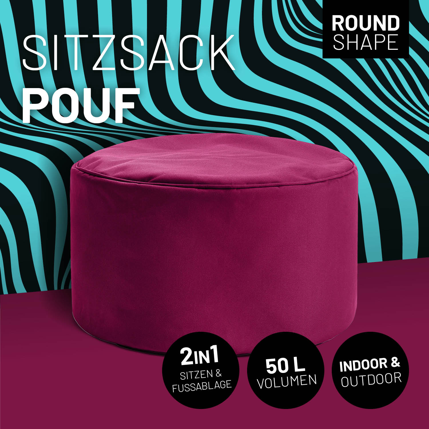 Weinroter Pouf mit Icon "Round Shape", "2 in 1 - Sitzen & Fußablage", "50 L Volumen" und "Indoor & Outdoor".