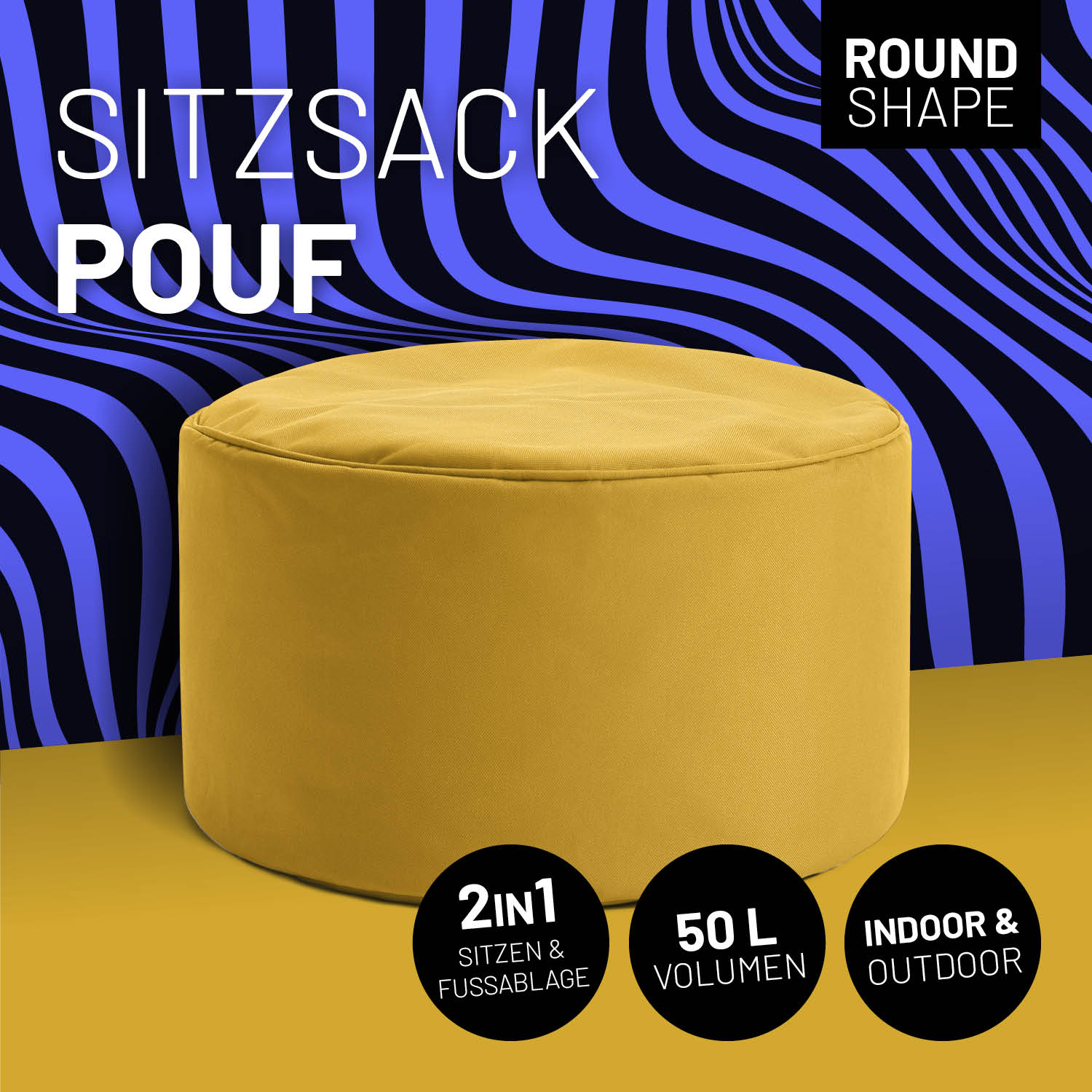 Senfgelber Pouf mit Icon "Round Shape", "2 in 1 - Sitzen & Fußablage", "50 L Volumen" und "Indoor & Outdoor".