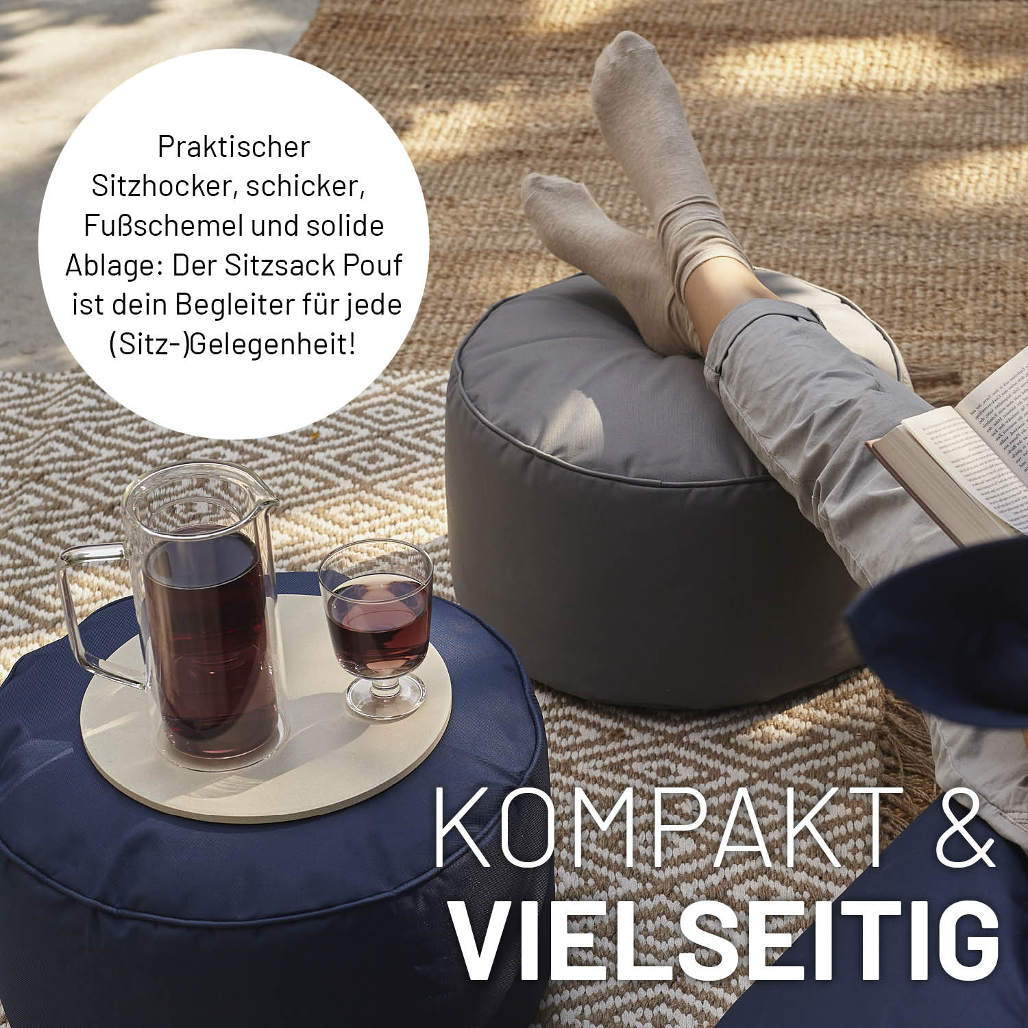 Eine Frau hat ihre Füße auf einem Pouf abgelegt, daneben ein Pouf als Ablage. Icon "Sitzhocker, Fußschemel und Ablage".