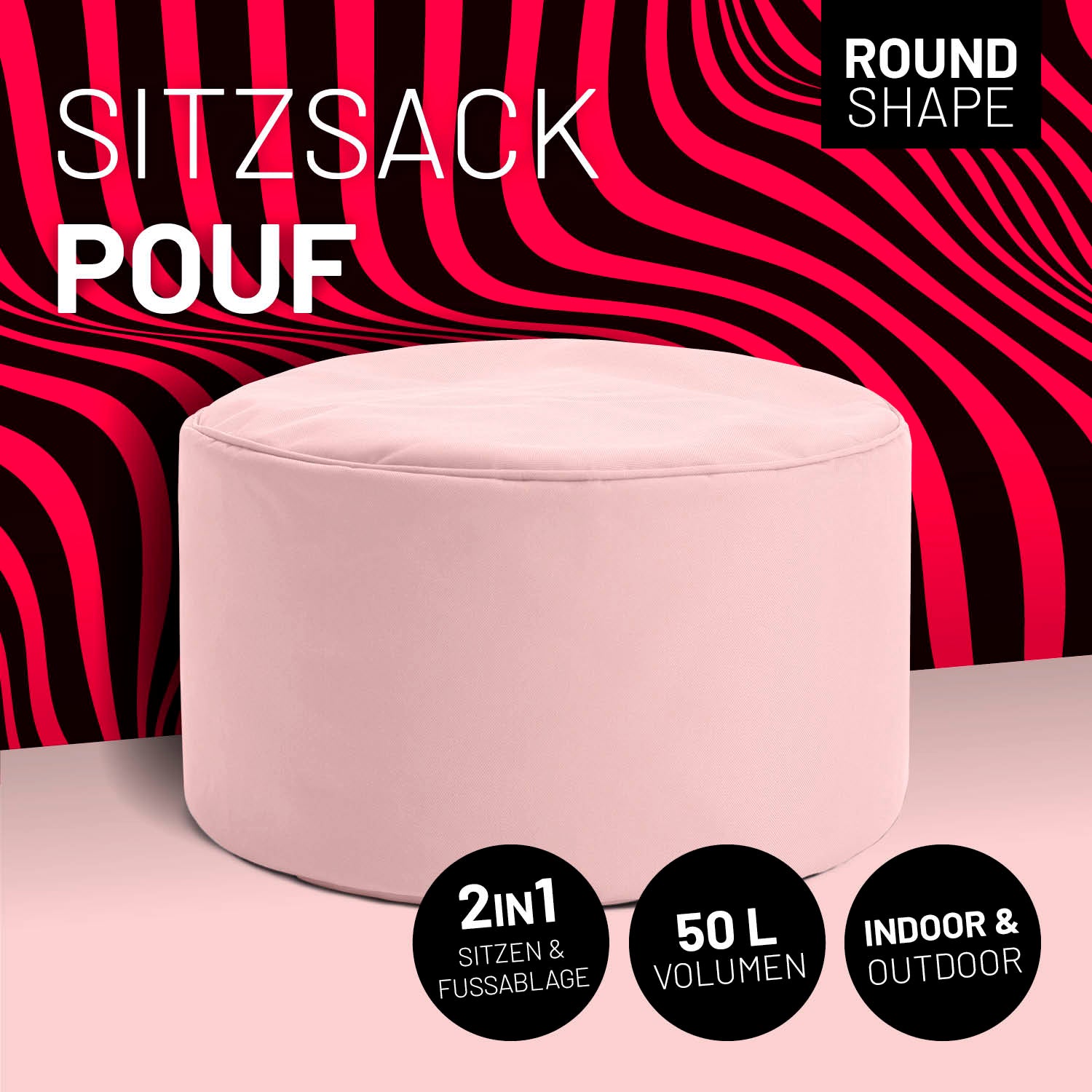 Pastell Pinker Pouf mit Icon "Round Shape", "2 in 1 - Sitzen & Fußablage", "50 L Volumen" und "Indoor & Outdoor".