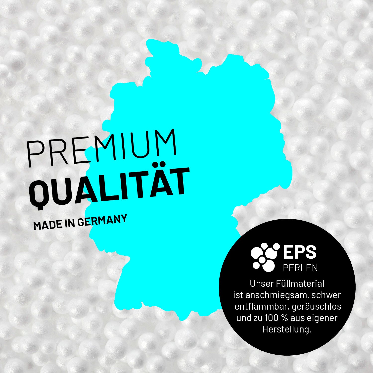 Umrisse der Deutschland-Karte mit Hinweis auf die EPS-Perlen und LUMALAND Germany 5 Jahre Garantie auf die Aussenhülle.