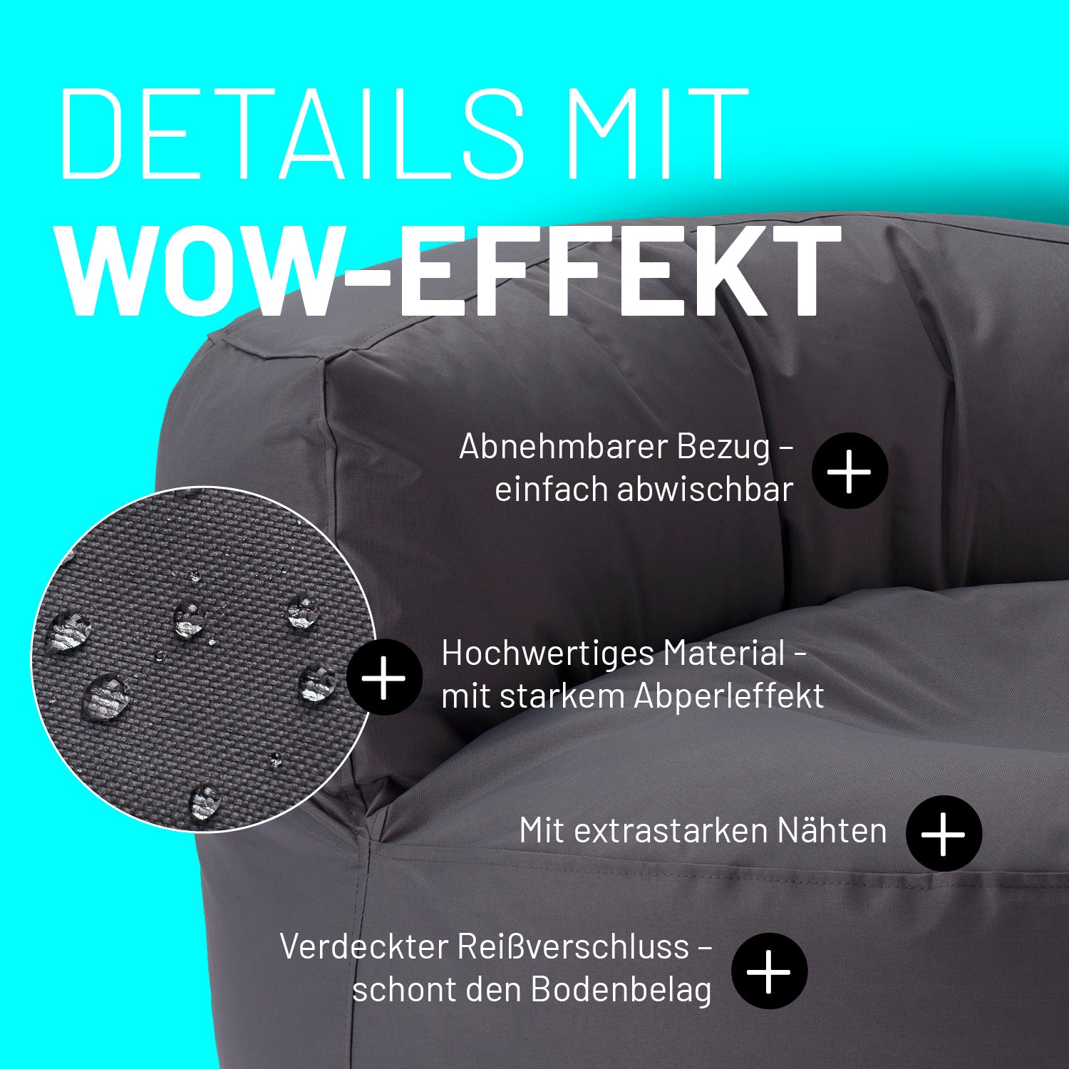 Sitzsack-Sofa in Anthrazit im Detail mit Informationen zu "Abwischbarer Bezug", "Verdeckter Reißverschluss" und "Extrastarke Nähte".
