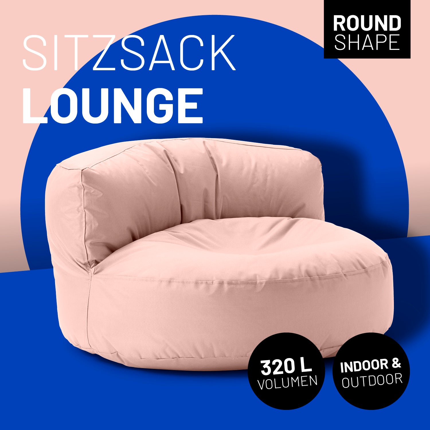 Lounge Sitzsack-Sofa in Pastell Pink mit Icon "Round Shape", "320 L Volumen" und "Indoor & Outdoor".