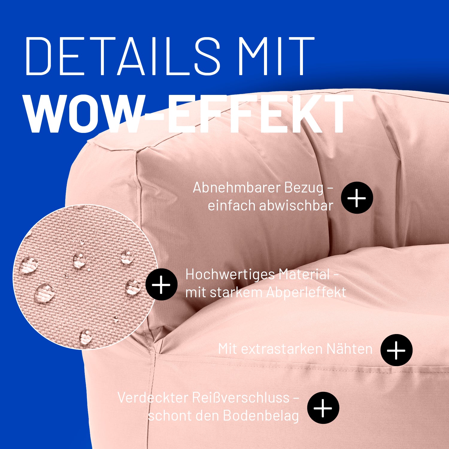 Pastellpinker Sitzsack-Sofa im Detail mit Informationen zu "Abwischbarer Bezug", "Verdeckter Reißverschluss" und "Extrastarke Nähte".