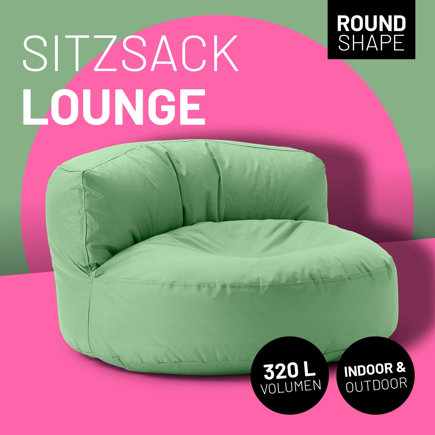 Lounge Sitzsack-Sofa in Pastellgrün mit Icon "Round Shape", "320 L Volumen" und "Indoor & Outdoor".