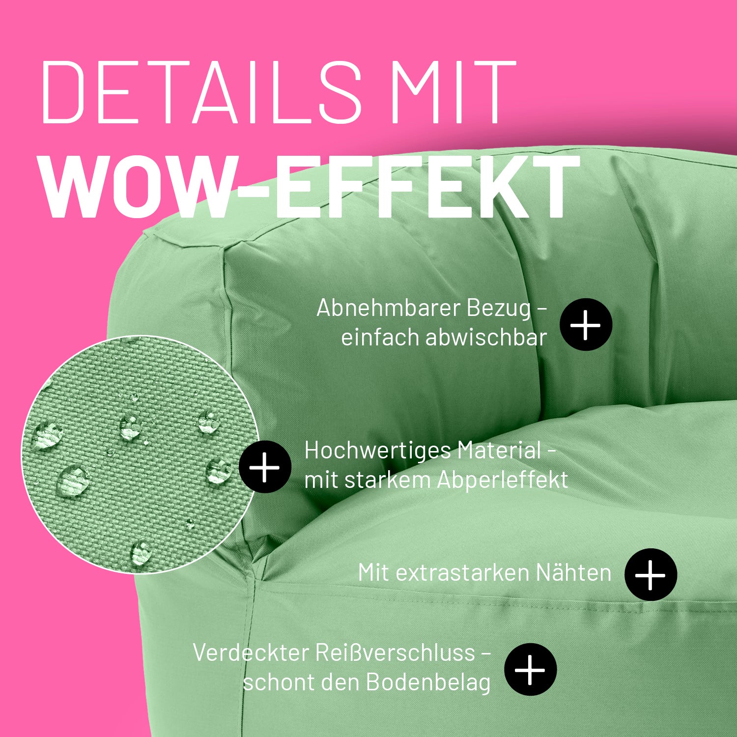 Pastellgrünes Sitzsack-Sofa im Detail mit Informationen zu "Abwischbarer Bezug", "Verdeckter Reißverschluss" und "Extrastarke Nähte".