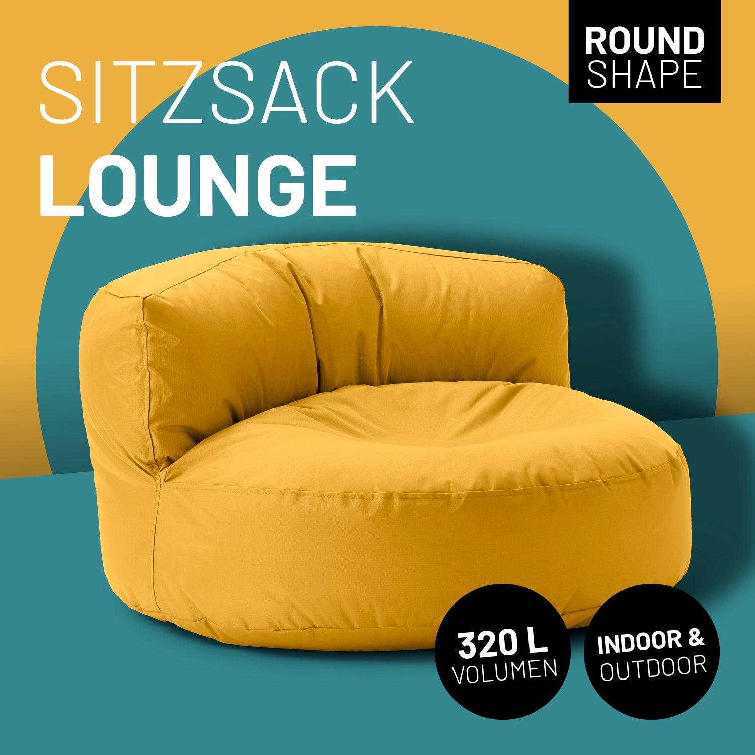 Lounge Sitzsack-Sofa in Senfgelb mit Icon "Round Shape", "320 L Volumen" und "Indoor & Outdoor".