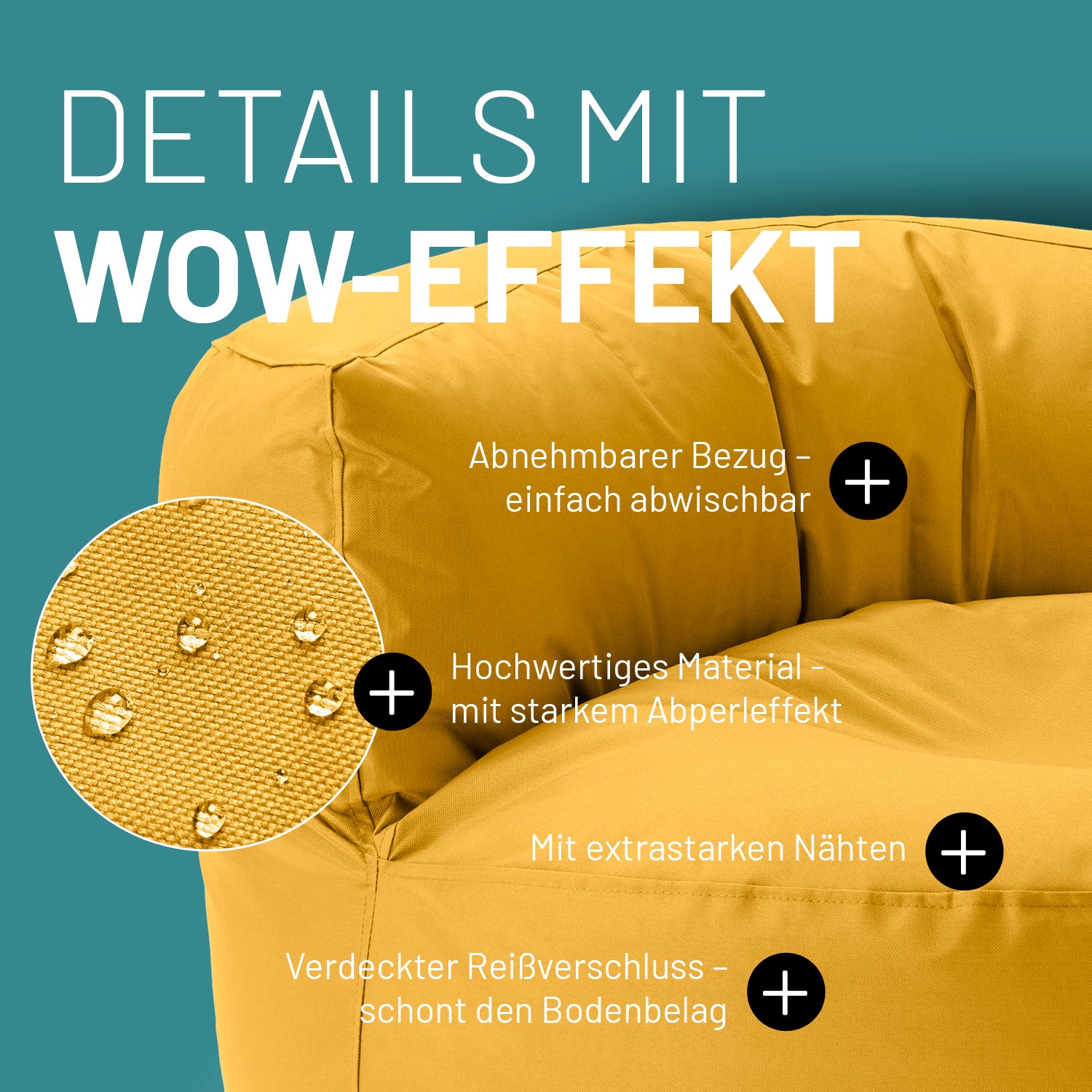 Senfgelbes Sitzsack-Sofa im Detail mit Informationen zu "Abwischbarer Bezug", "Verdeckter Reißverschluss" und "Extrastarke Nähte".
