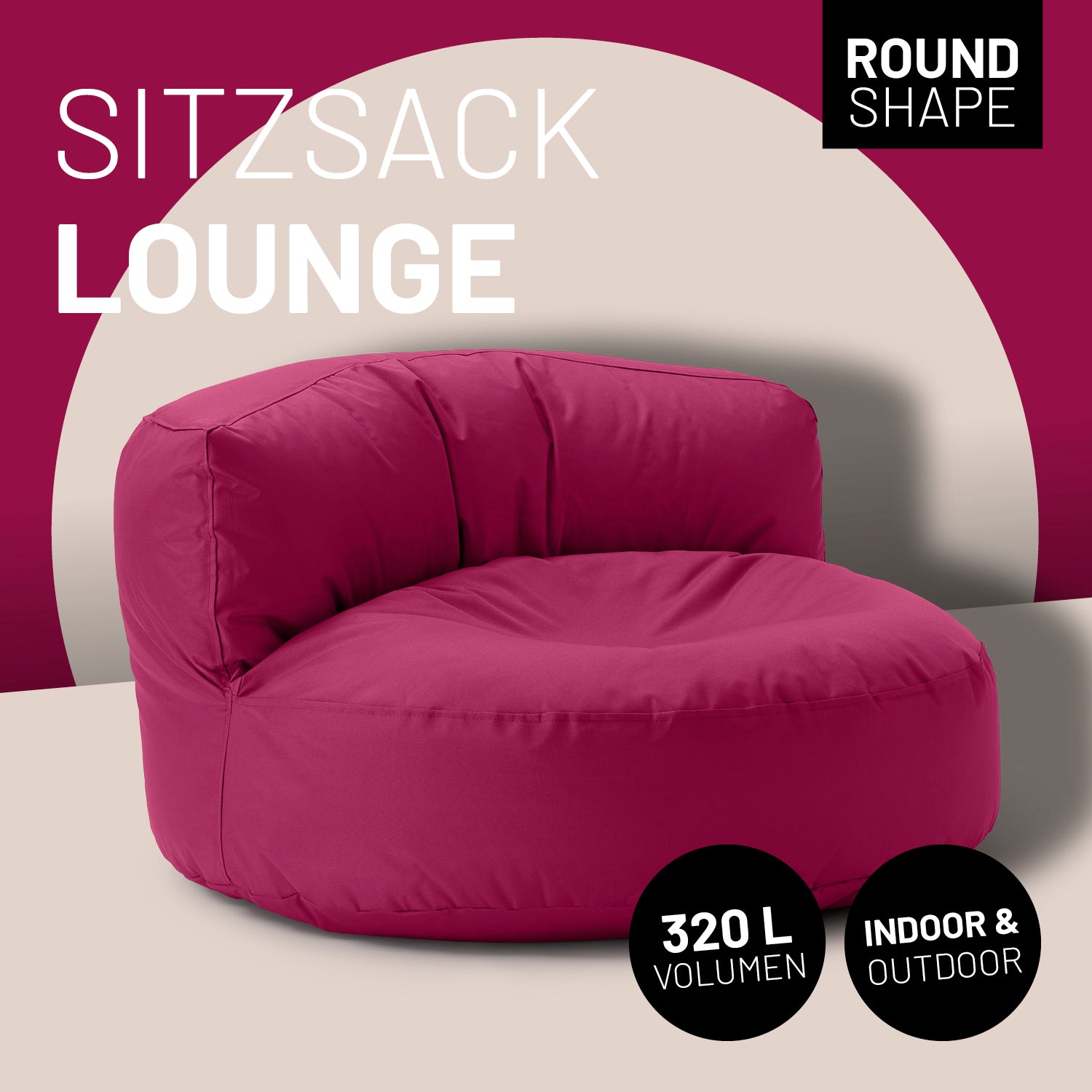 Lounge Sitzsack-Sofa in Weinrot mit Icon "Round Shape", "320 L Volumen" und "Indoor & Outdoor".