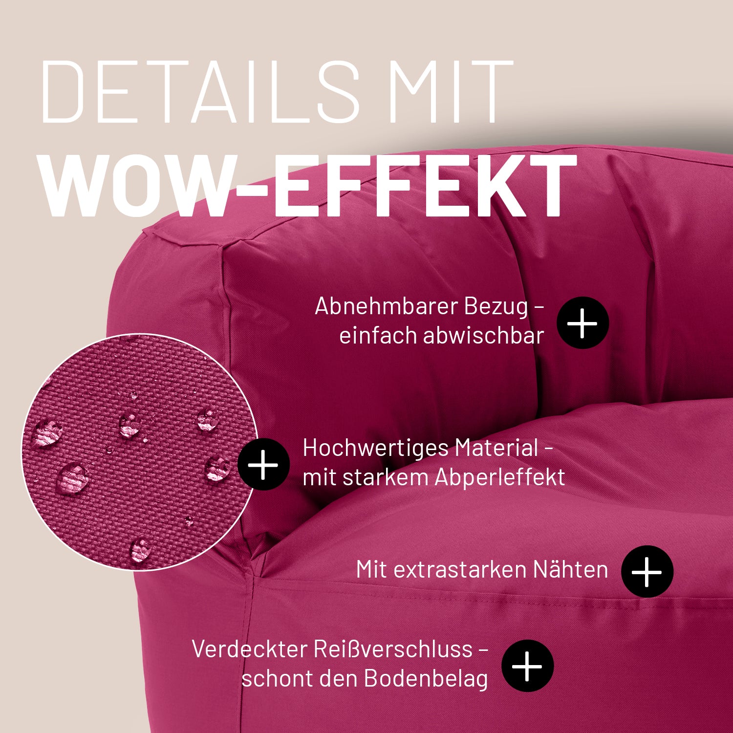 Weinrotes Sitzsack-Sofa im Detail mit Informationen zu "Abwischbarer Bezug", "Verdeckter Reißverschluss" und "Extrastarke Nähte".