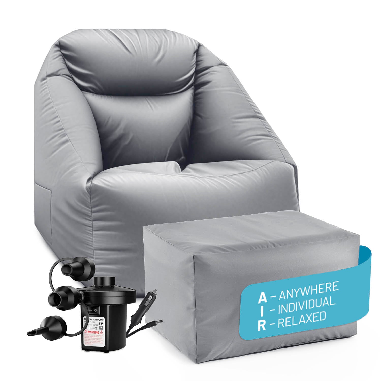 LUMALAND Crozy Air Sessel + Hocker in Grau mit Luftpumpe, aufblasbare Sitzmöbel mit hoher Rückenlehne vor weißem Hintergrund.