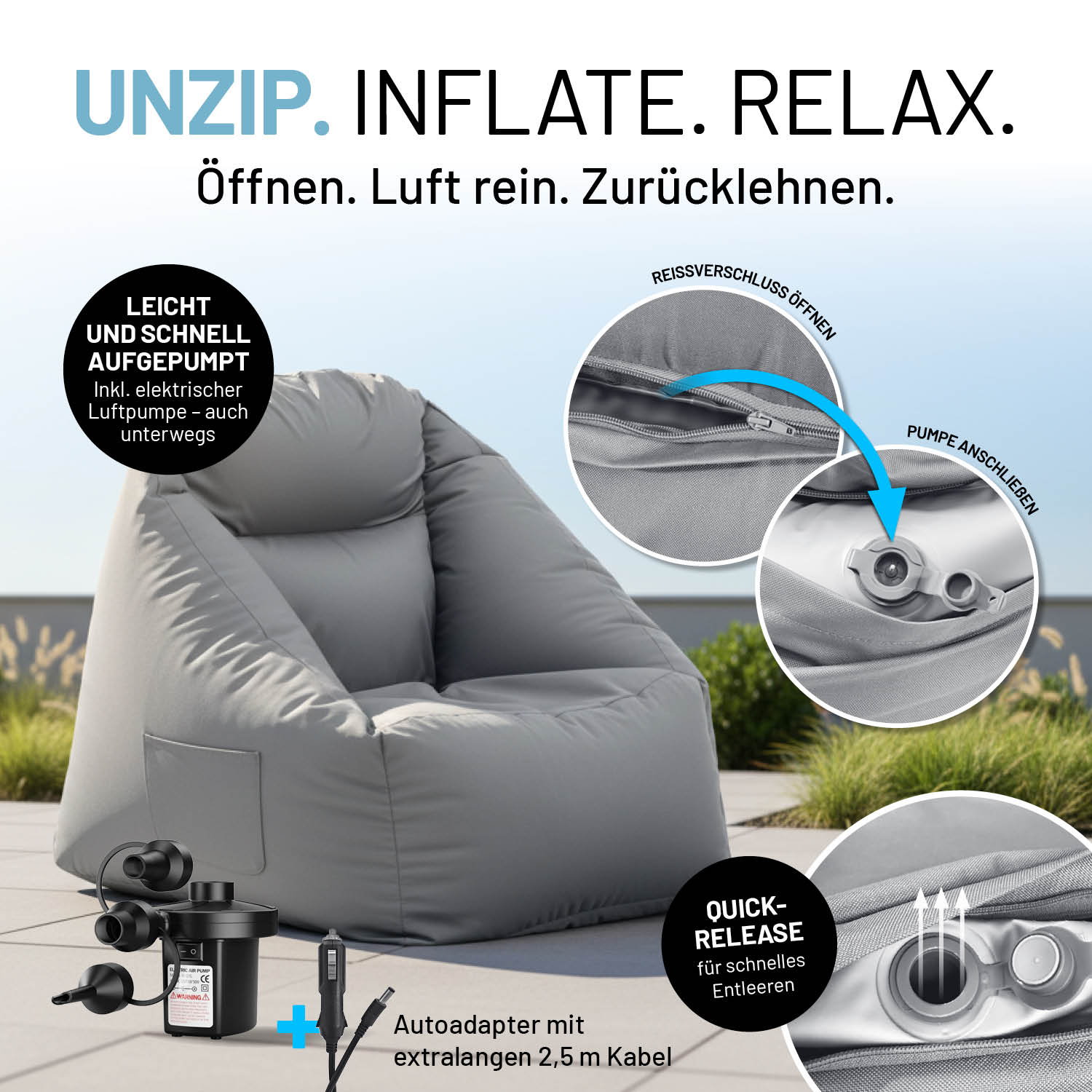 Grauer Luftsessel mit Reißverschluss und Ventil; per Pumpe leicht und schnell aufblasen. Icons zu "Quick-Release zum Entleeren".