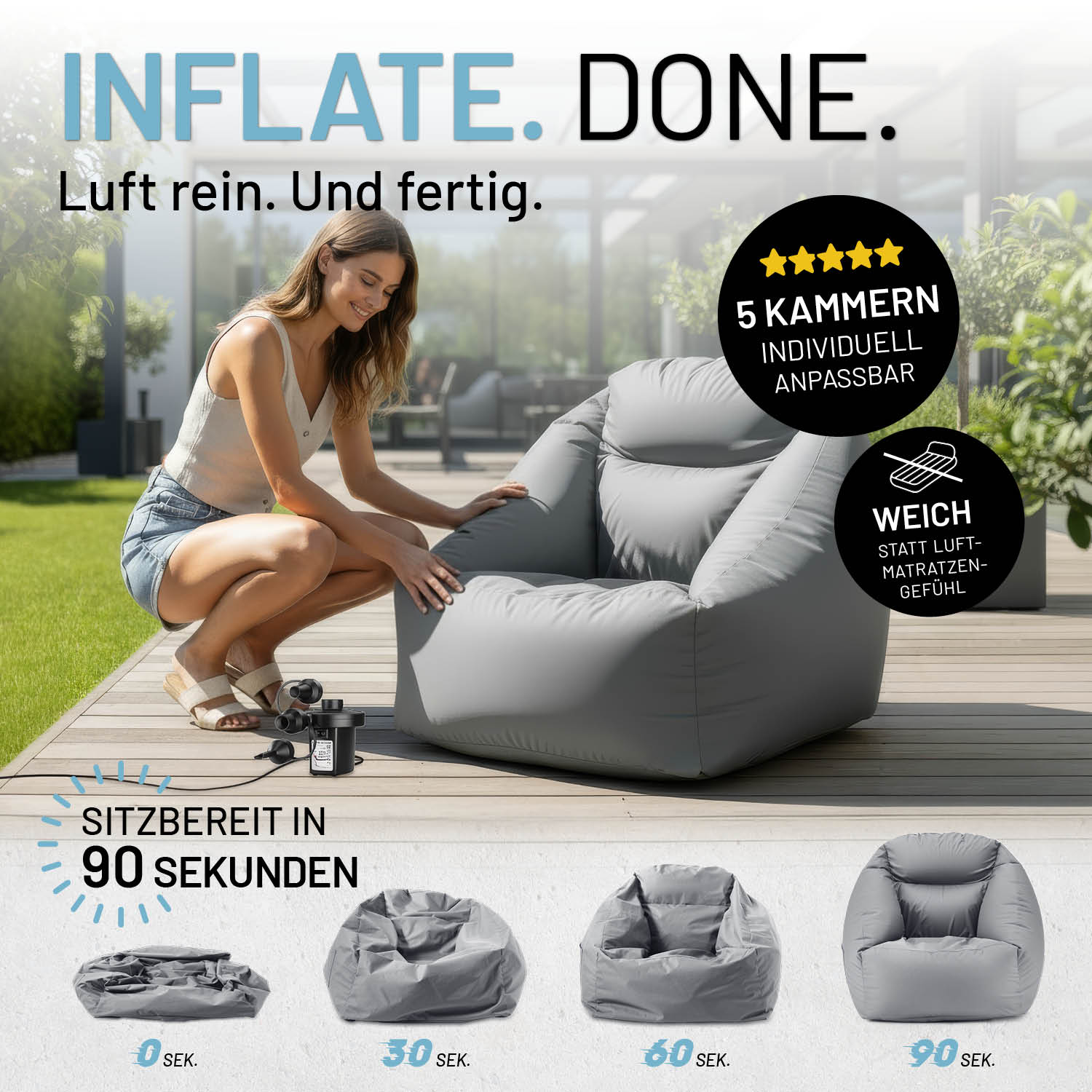 Eine Frau pumpt den grauen aufblasbaren LUMALAND CROZY AIR Sessel auf einer Terrasse auf. In 90 Sekunden sitzbereit. Icon zu "weich" und "5 individuell anpassbaren Luftkammern".