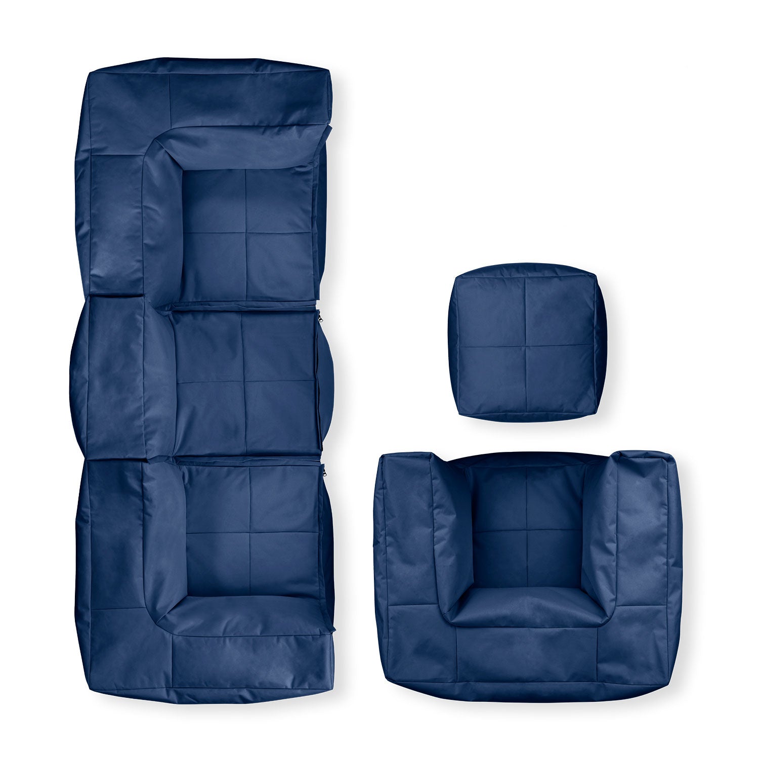 Navyblaues Modulares System - Basic Set (5-tlg.) bestehend aus zwei Ecken, einem Mittelteil, Hocker und Sessel von oben.