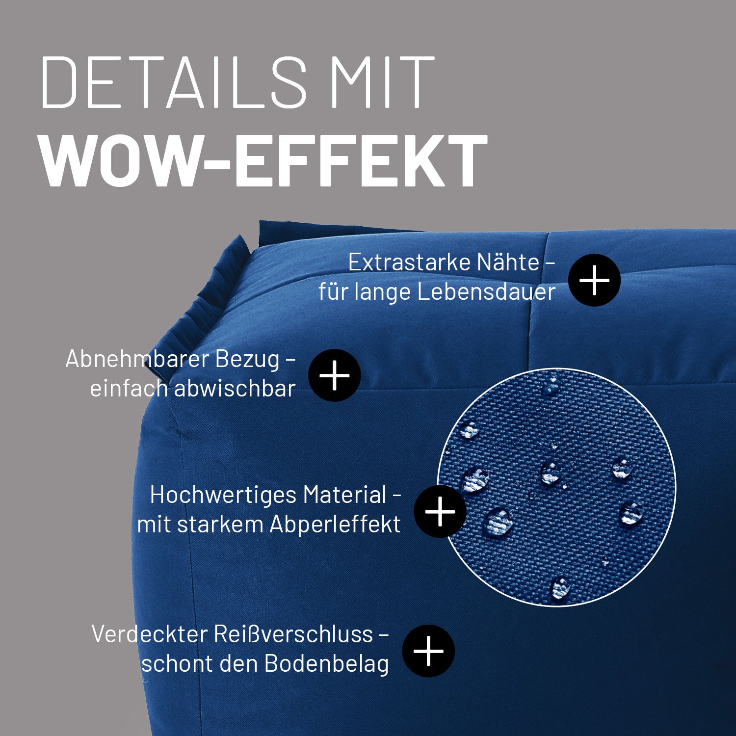 Hocker im Detail mit Informationen zu "Waschbarer Bezug", "Verdeckter Reißverschluss", Abperleffekt" und "Extrastarke Nähte".
