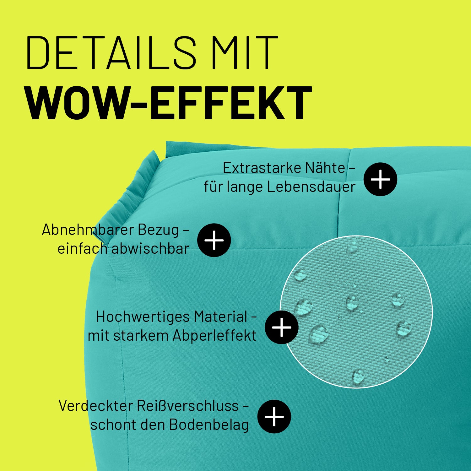 Hocker im Detail mit Informationen zu "Waschbarer Bezug", "Verdeckter Reißverschluss", Abperleffekt" und "Extrastarke Nähte".