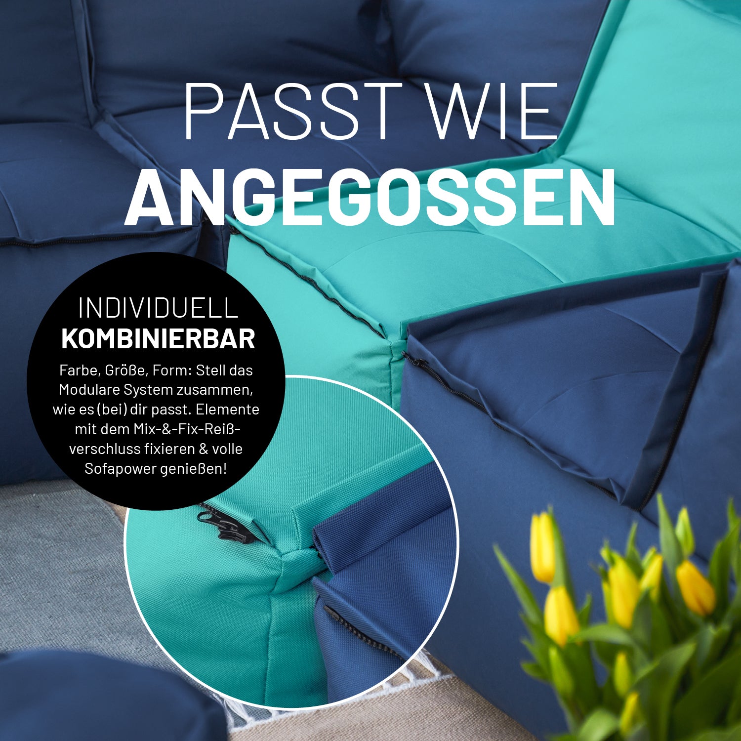Detailansicht des Mix-&-Fix-Reißverschlusses für die individuelle Kombination der einzelnen Module nach Farbe, Größe oder Form.