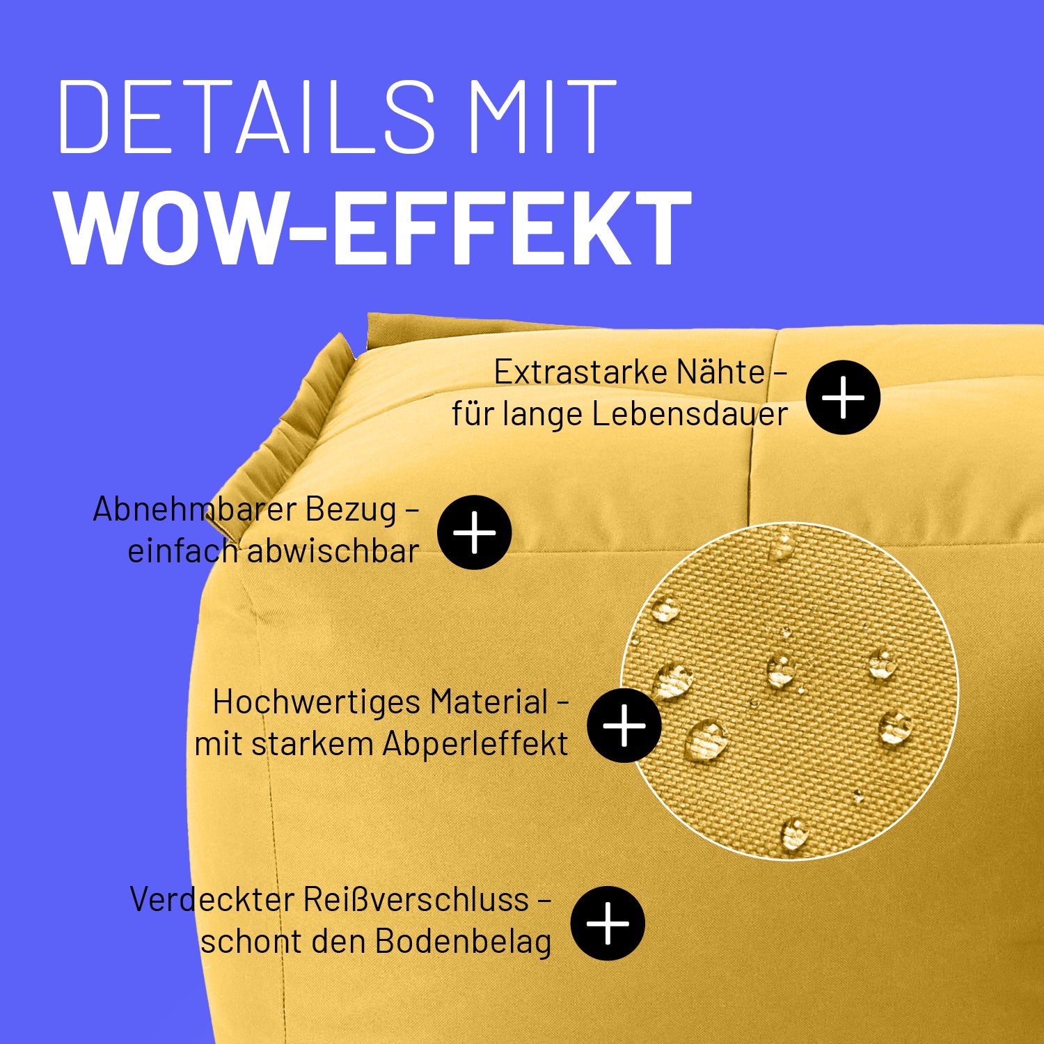Hocker im Detail mit Informationen zu "Waschbarer Bezug", "Verdeckter Reißverschluss", Abperleffekt" und "Extrastarke Nähte".