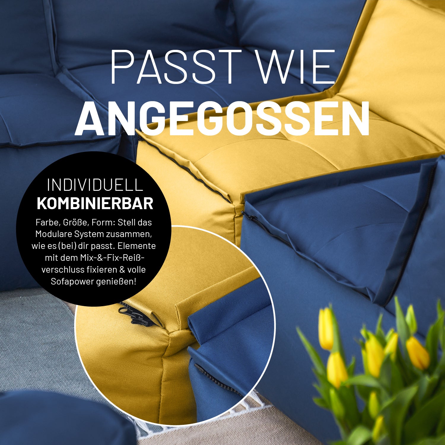 Detailansicht des Mix-&-Fix-Reißverschlusses für die individuelle Kombination der einzelnen Module nach Farbe, Größe oder Form.