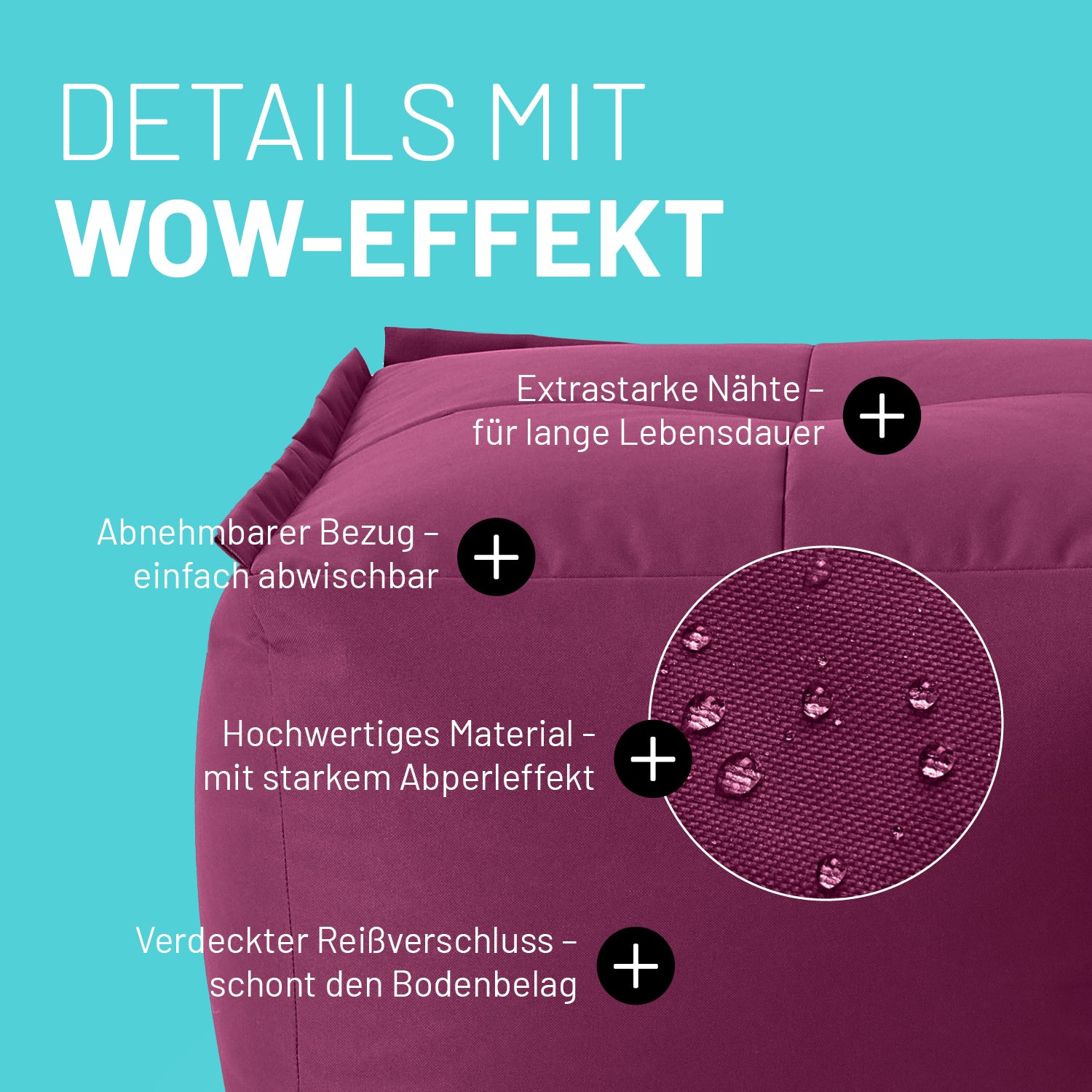 Hocker im Detail mit Informationen zu "Waschbarer Bezug", "Verdeckter Reißverschluss", Abperleffekt" und "Extrastarke Nähte".