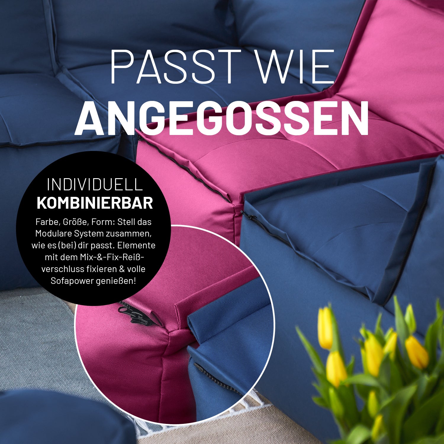 Detailansicht des Mix-&-Fix-Reißverschlusses für die individuelle Kombination der einzelnen Module nach Farbe, Größe oder Form.