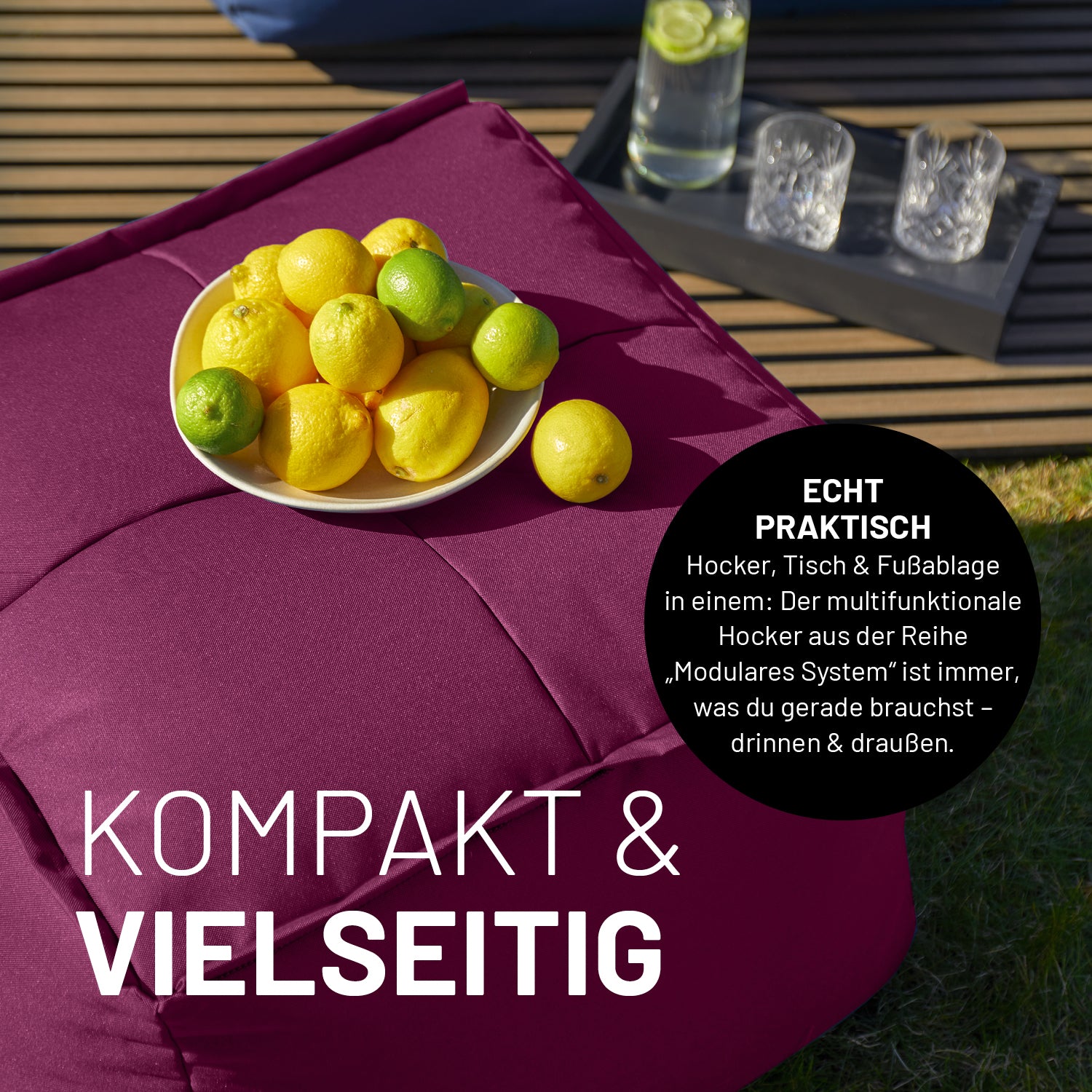 Vielseitiger weinroter Hocker für drinnen & draußen nutzbar als Tisch, Fußablage oder Hocker mit abgestellten Obst.