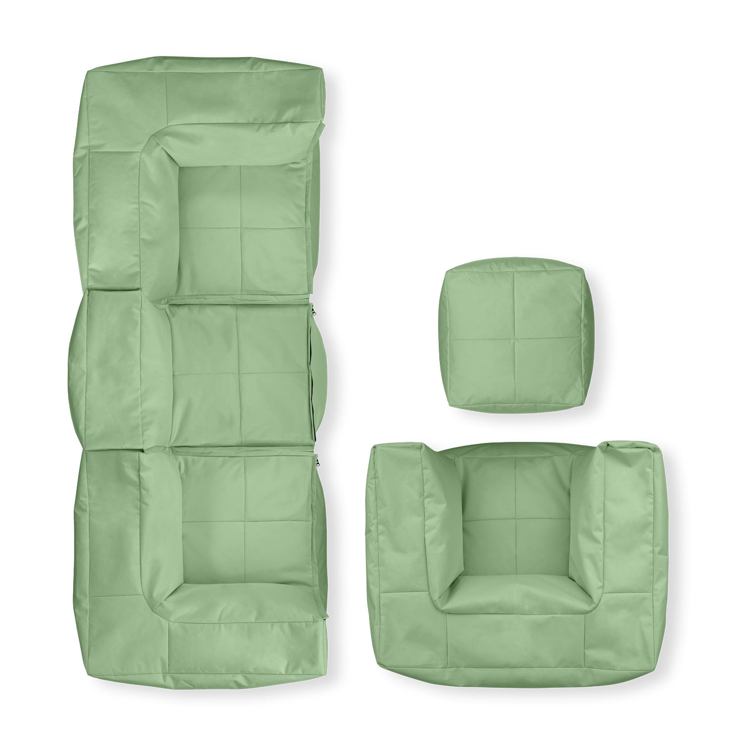 Pastellgrünes Modulares System - Basic Set (5-tlg.) bestehend aus zwei Ecken, einem Mittelteil, Hocker und Sessel von oben.