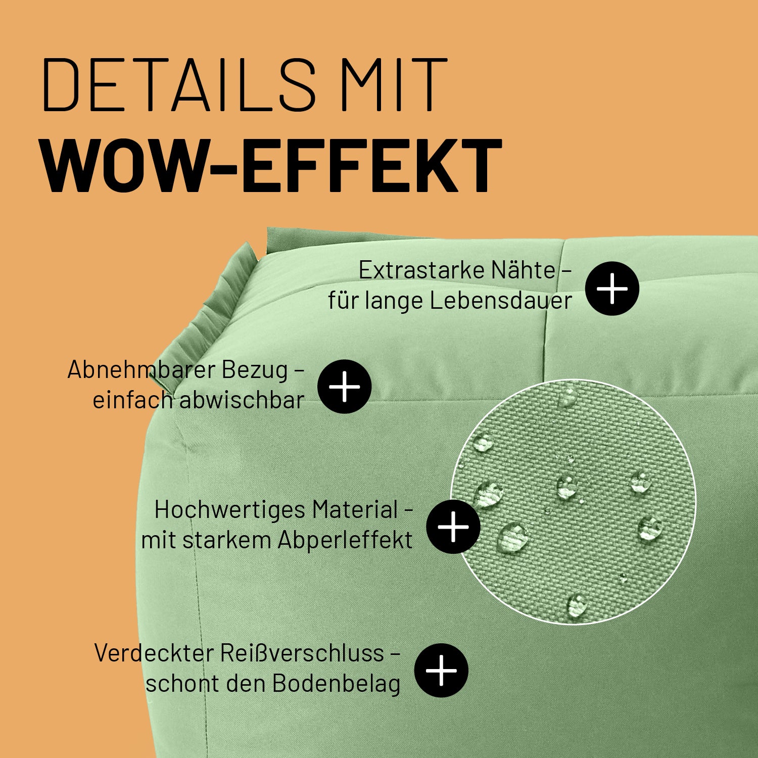 Hocker im Detail mit Informationen zu "Waschbarer Bezug", "Verdeckter Reißverschluss", Abperleffekt" und "Extrastarke Nähte".