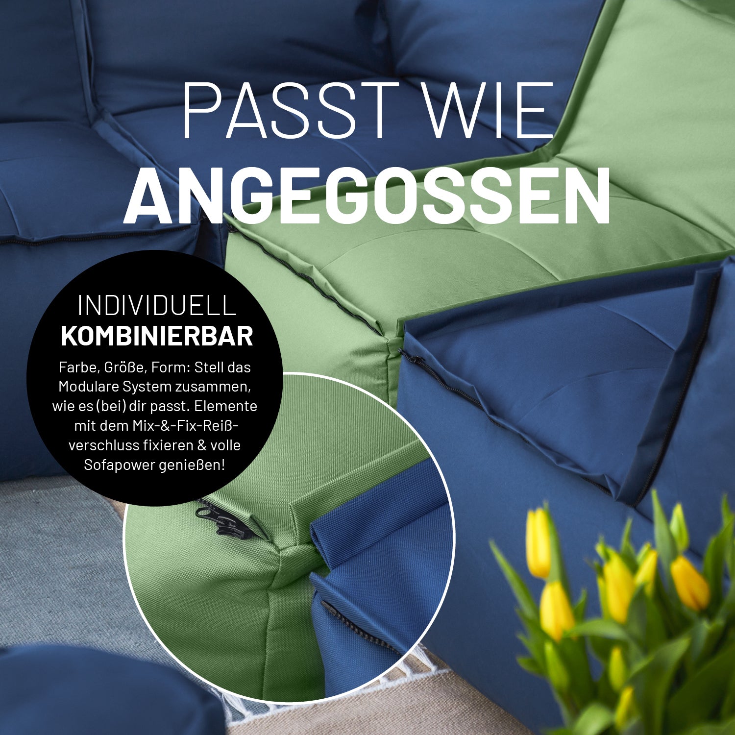 Detailansicht des Mix-&-Fix-Reißverschlusses für die individuelle Kombination der einzelnen Module nach Farbe, Größe oder Form.