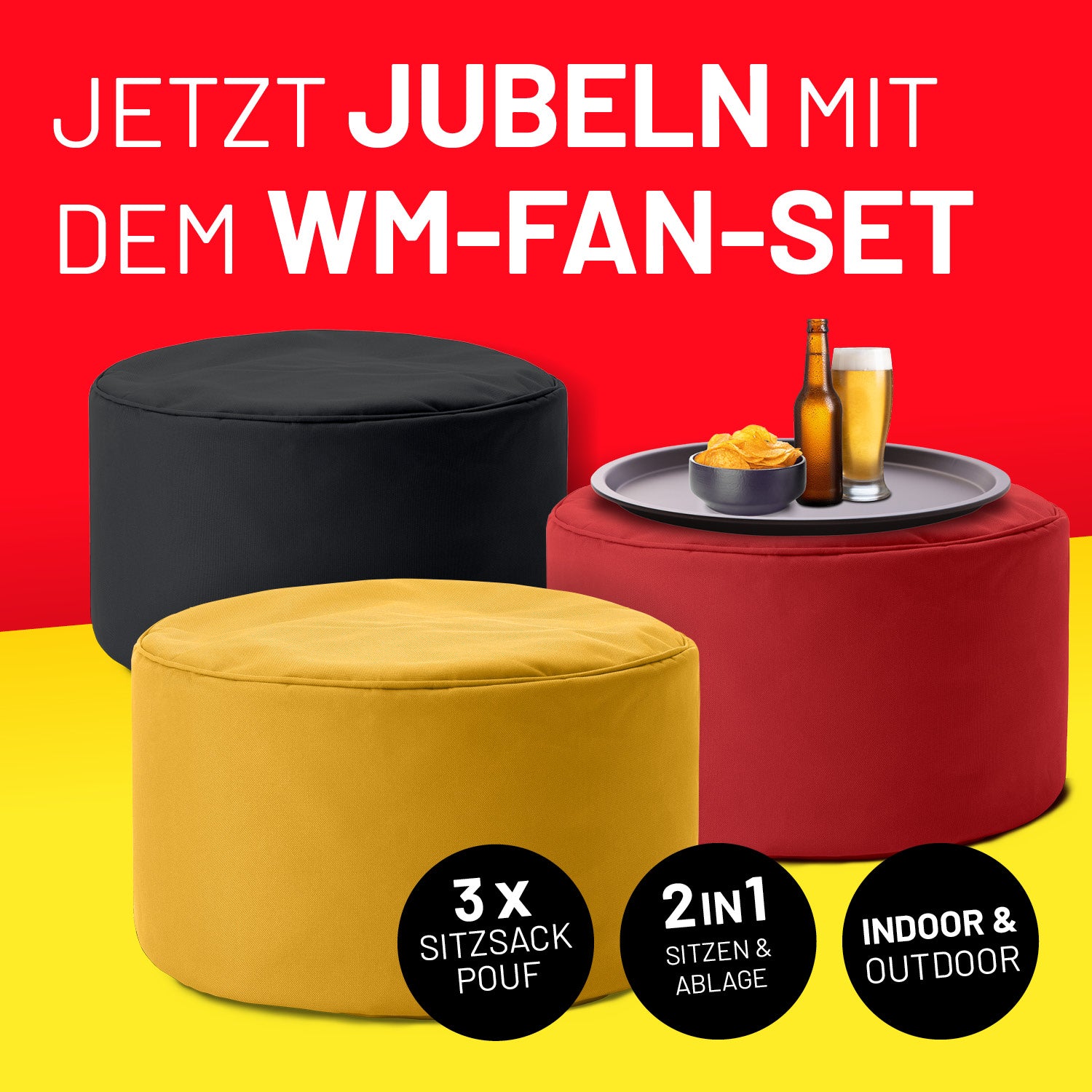 Poufs in den Farben Schwarz, Rot und Gelb mit Icons "3x Sitzsack Pouf", "2 in 1 - Sitzen & Ablage" und "Indoor & Outdoor".