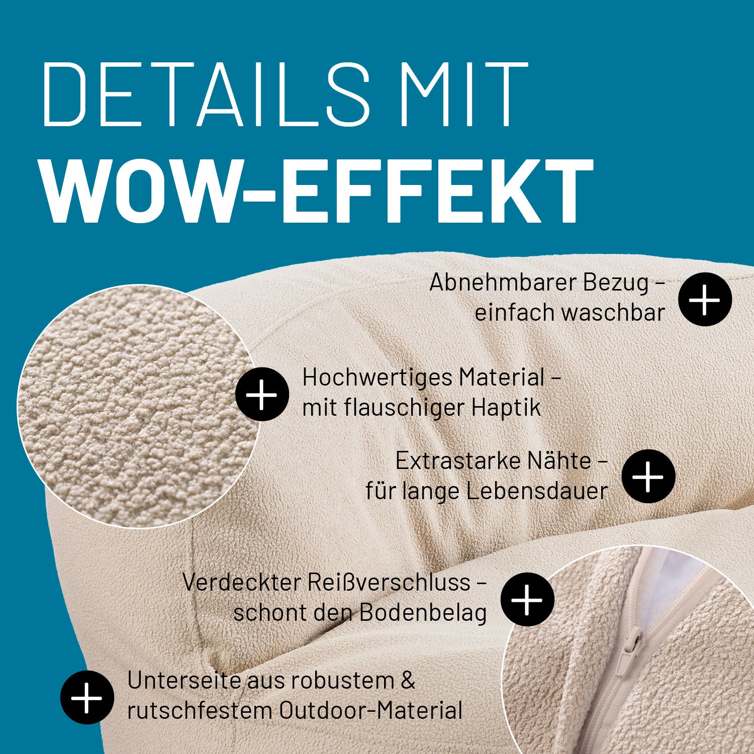 LUMALAND Sitzsofa in Beige mit Produktinformationen: Verdeckter Reißverschluss, robuste Unterseite und waschbarer Bezug.