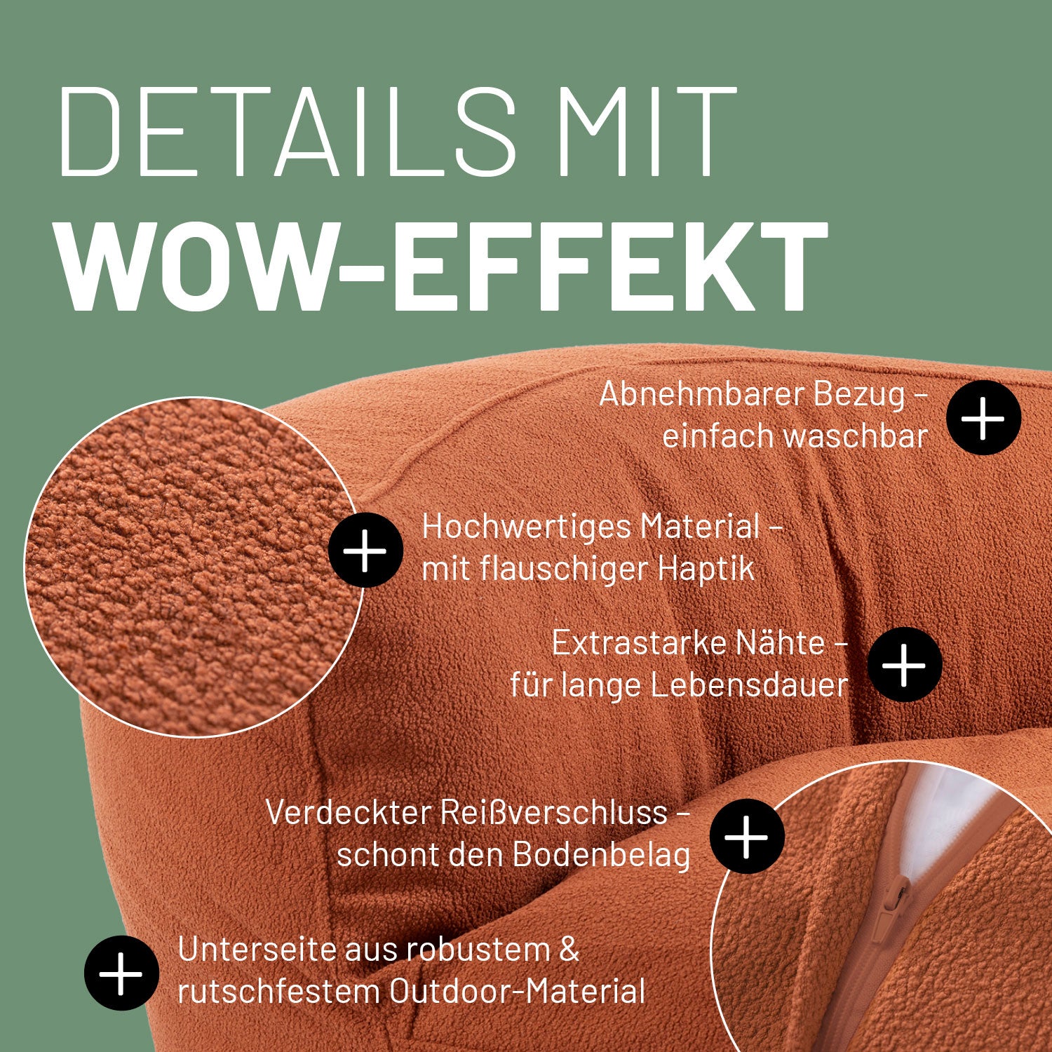 LUMALAND Sitzsofa in Terracotta mit Produktinformationen: Verdeckter Reißverschluss, robuste Unterseite und waschbarer Bezug.