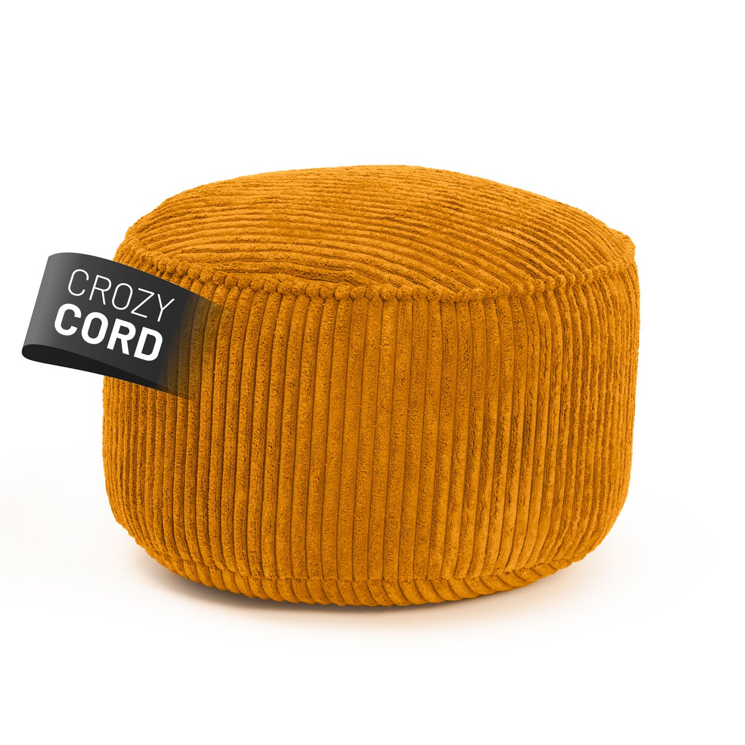 Senfgelber Pouf aus der LUMALAND CORD-Reihe auf weißem Hintergrund.